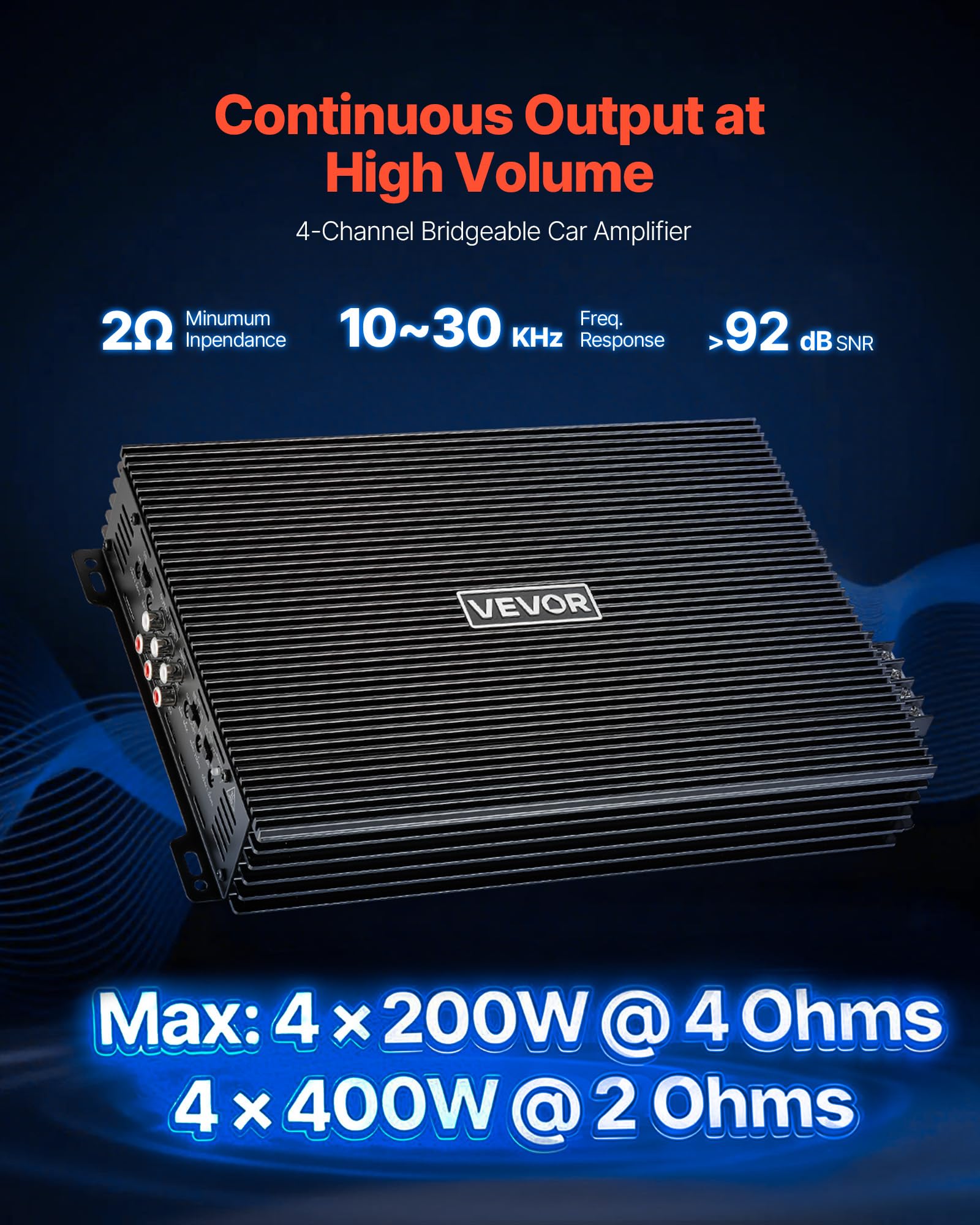 VEVOR Amplificador para Automóvil 4 Canales Clase AB Máximo 4 x 200W a 4 ohmios y 4 x 400W a 2 ohmios, Amplificador Estéreo de Audio para Coche Puenteable para Sedán SUV Vehículo Todoterreno Camioneta