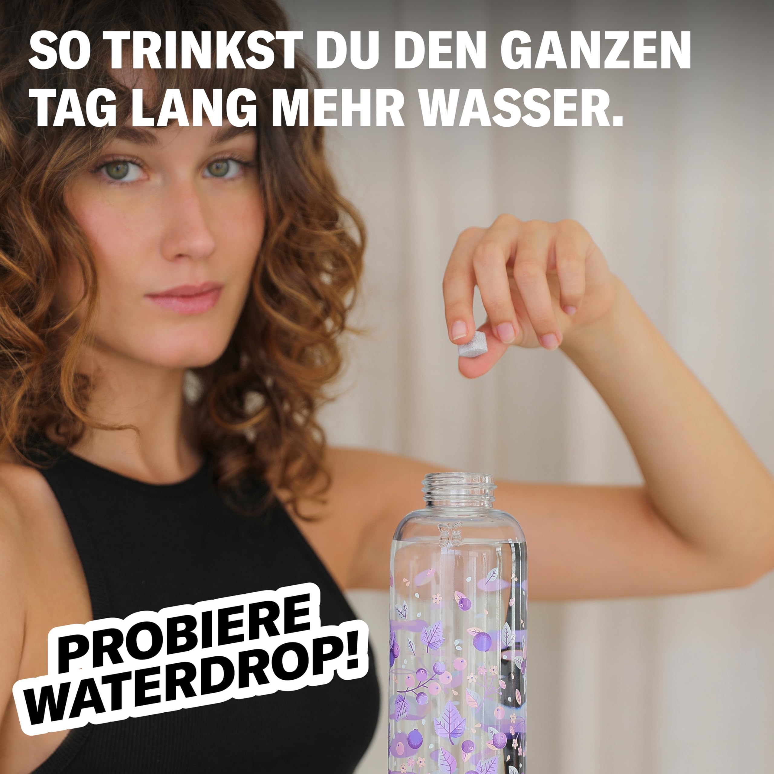waterdrop® Flasche aus Glas 600ml inkl. 18 zuckerfreie Drops - Geschenk für Frauen - Probierpaket mit Wasserflasche, Flavor Drops & Vitaminen - auslaufsichere Trinkflasche & Kohlensäure geeignet