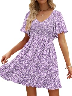 Womens Cute Floral Smocked V Neck Flutter Sleeve Sundress with Pockets Casual Spring Summer Dresses for Women 2025