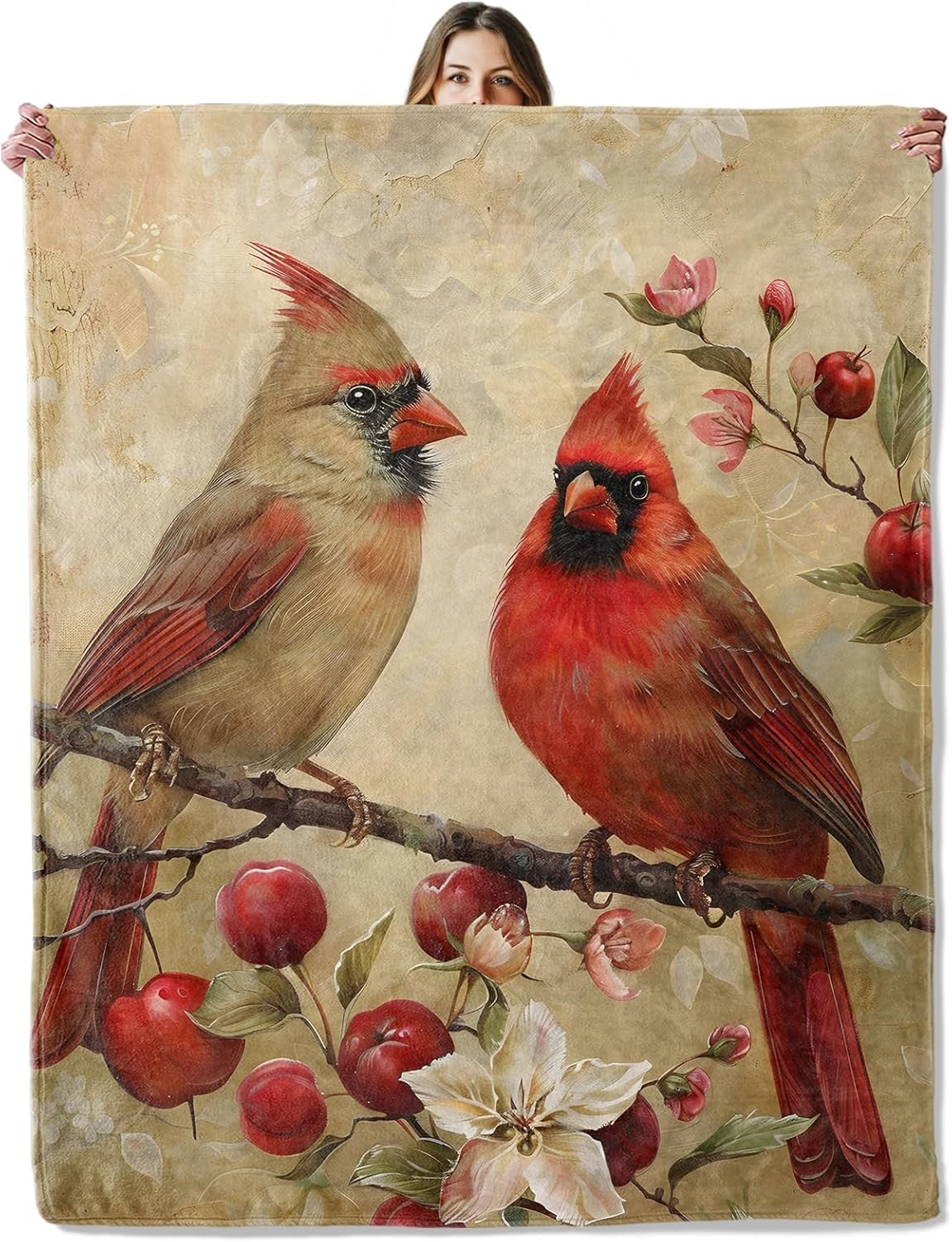 Cardinal Birds Throw Blanket for Girls Boys Kids Adults, 50x60 in, Cozy Flannel Blanket for Bedroom, Camping, Couch, Room Decor, Fuzzy Warm Soft Gifts