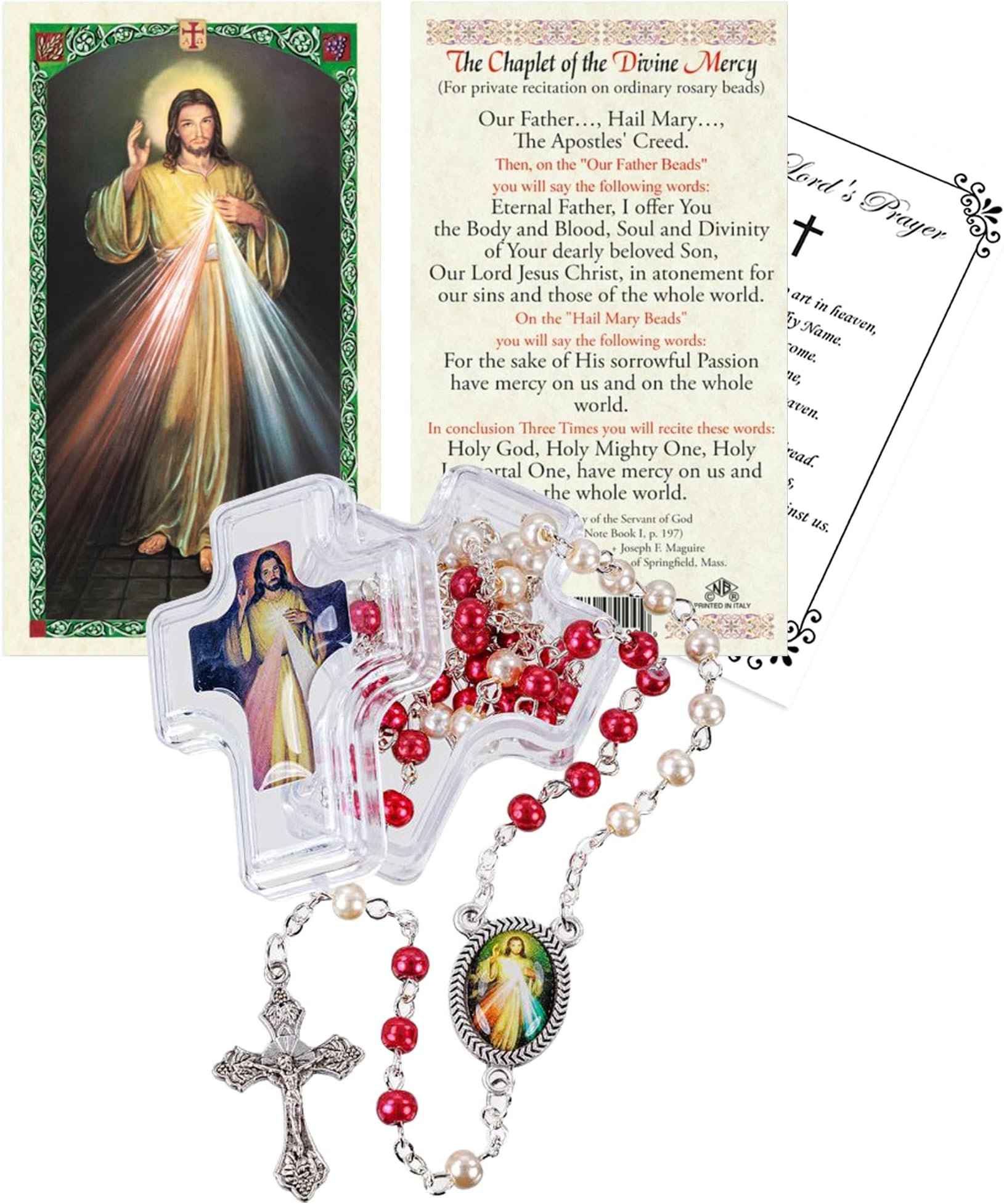 Divine Mercy Chaplet - Prayer Card, Divine Mercy Rosary with Centerpiece, Red and White Beads, Jesus Christ Cross Crucifix, Case, The Lord's Prayer Card | Catholic Set Of 4 Items