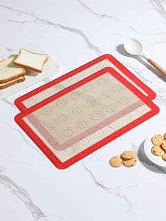 2 Pack Silicone Baking Mat Set, Non-Stick Macaron Baking Cookie Sheet Liners, Oven Liner for Bake Pans, Pizza, Cakes, Bread Making, Food Prep and Cooking, 16.5" x 11.6", Red, 24 Circles