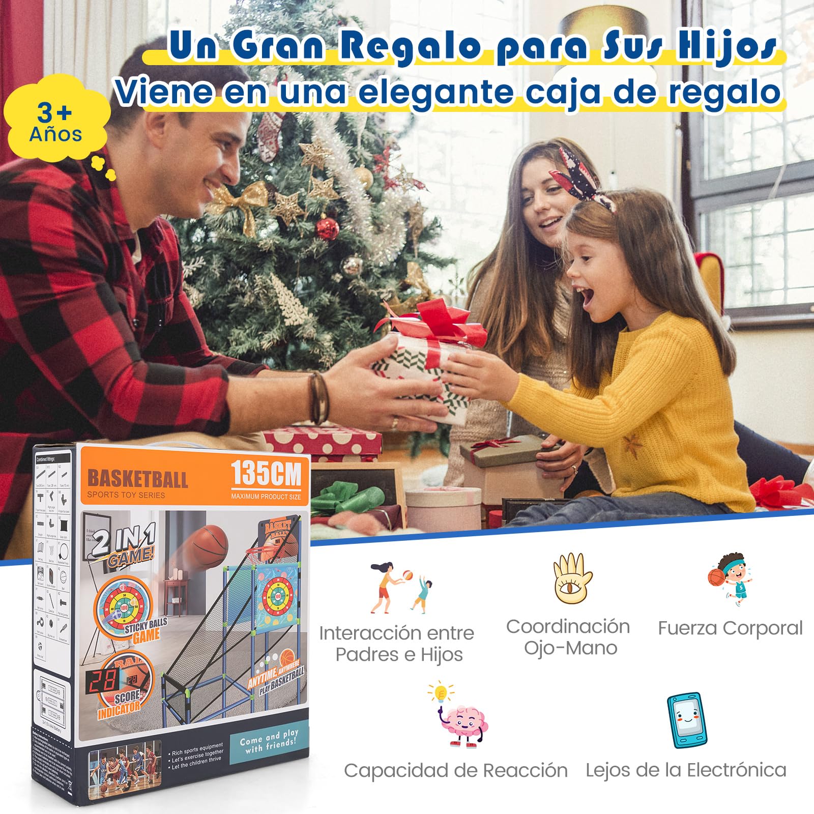 COSTWAY Canasta Baloncesto Infantil, Juego 2 en 1 de Baloncesto y de Pelotas Adhesivas, Marcador Electrónico, Sonido, Juego Deportivo de Arcade para Niños de 3+ Años