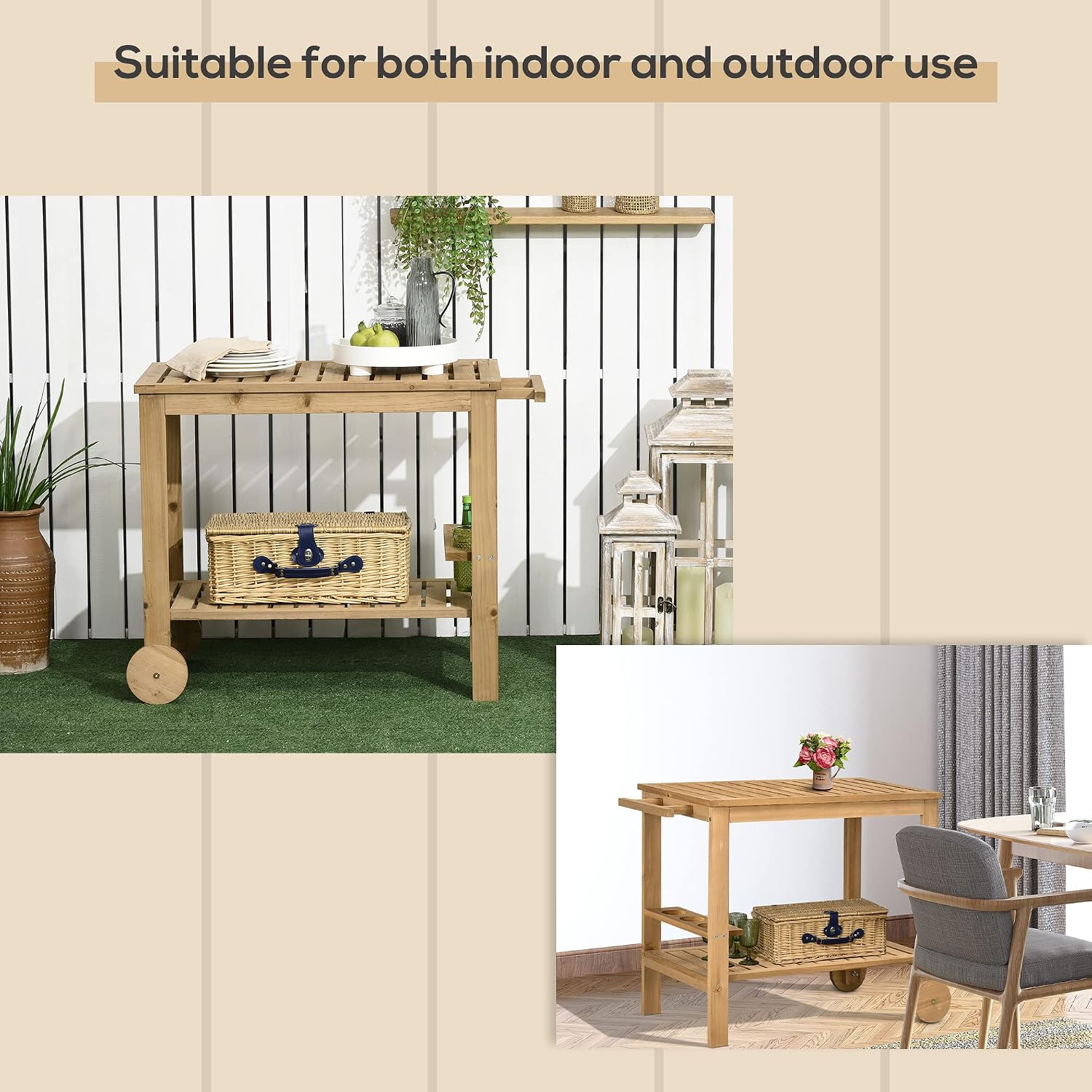 Outsunny Outdoor Bar Cart, Wood Rolling Home Bar and Serving Cart with 2 Shelves, Wine Bottle Holders for Garden, Patio, Dining Room, Natural