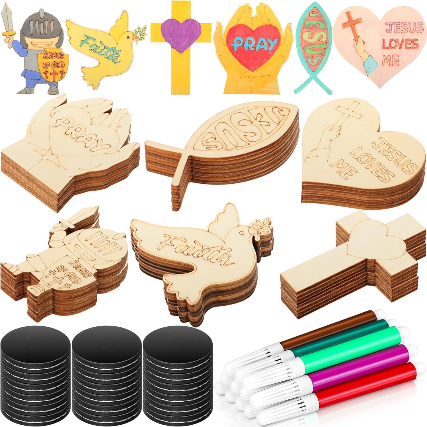 Blueweenly 48 Pack Christian Crafts for Kids DIY Wood Religious Craft Magnets Vacation Bible School Craft Coloring Christian Wooden Crafts for Sunday School Party Decoration Home Activities