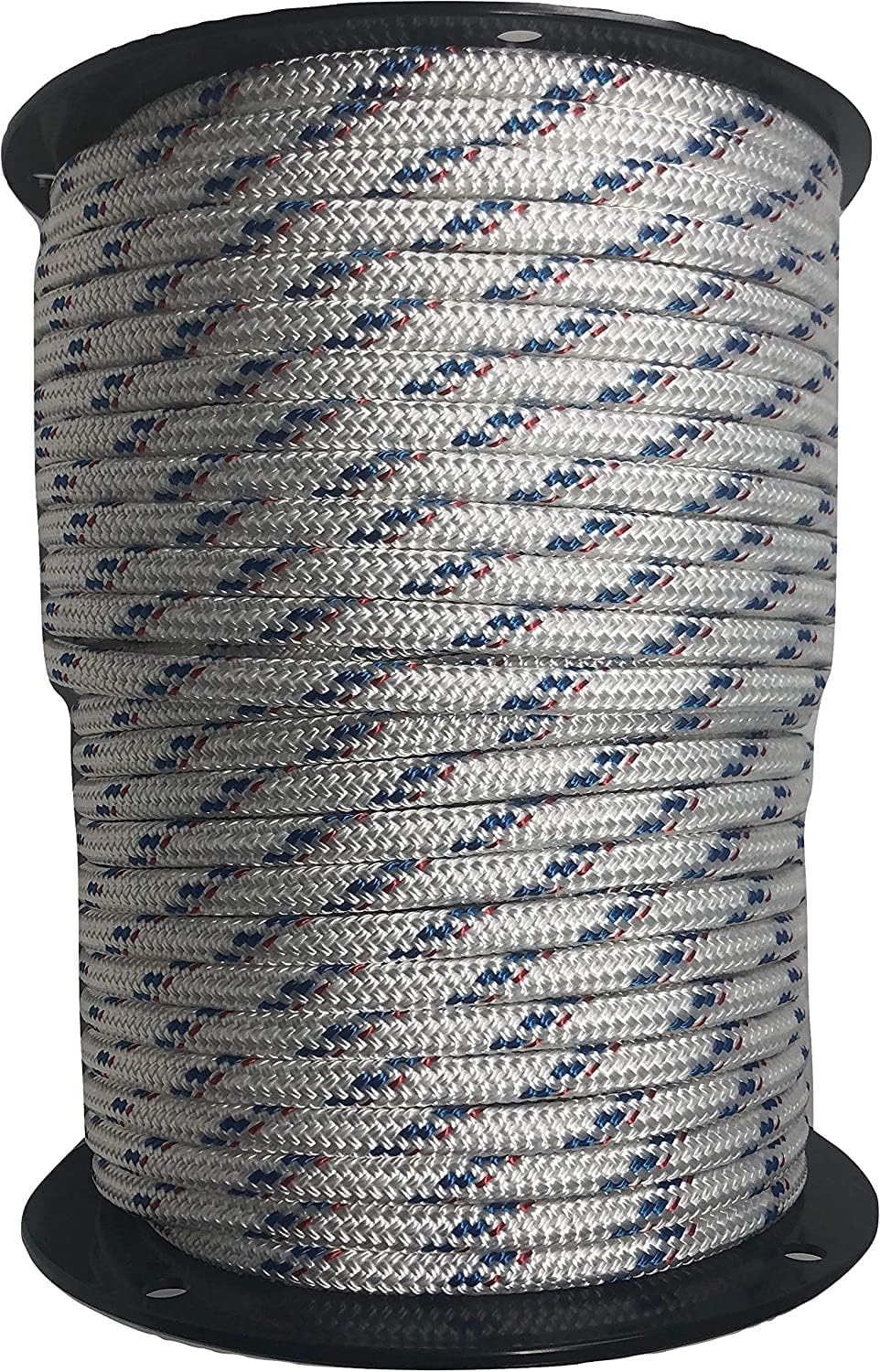 Yacht Braid Premium Polyester Rope 7/16 inch, White with Blue Tracers and Red Fleck (150 feet)