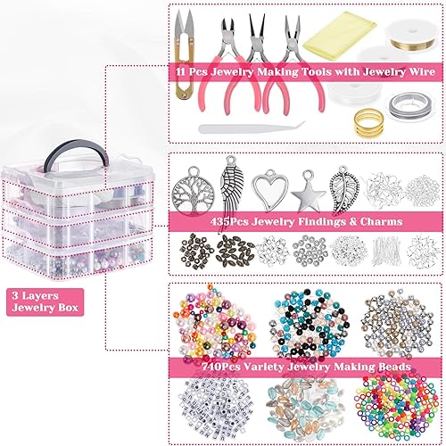 Miniatura 3 de Cridoz Kit de suministros para hacer joyas herramientas, alicates, alambre de cuentas, cuentas y abalorios, para hacer collares, aretes y pulseras y