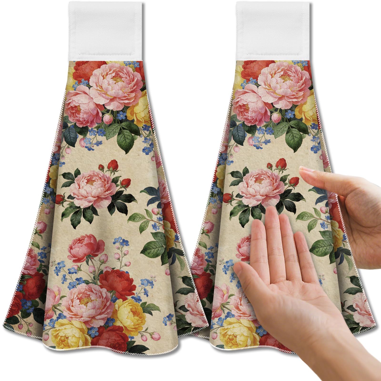 CUTHOLLOW 2 Pcs Retro Peony Hanging Kitchen Towels with Loop