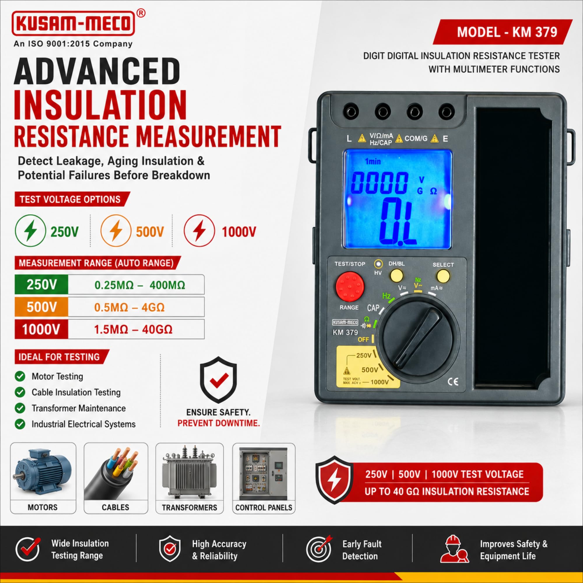 Kusam Meco KM 379 Digital Insulation Resistance Tester with Multimeter Functions, 250V/500V/1000V Test Voltage, Up to 40GΩ Measurement, AC/DC Voltage, Resistance, Frequency, 1 Year Warranty 1