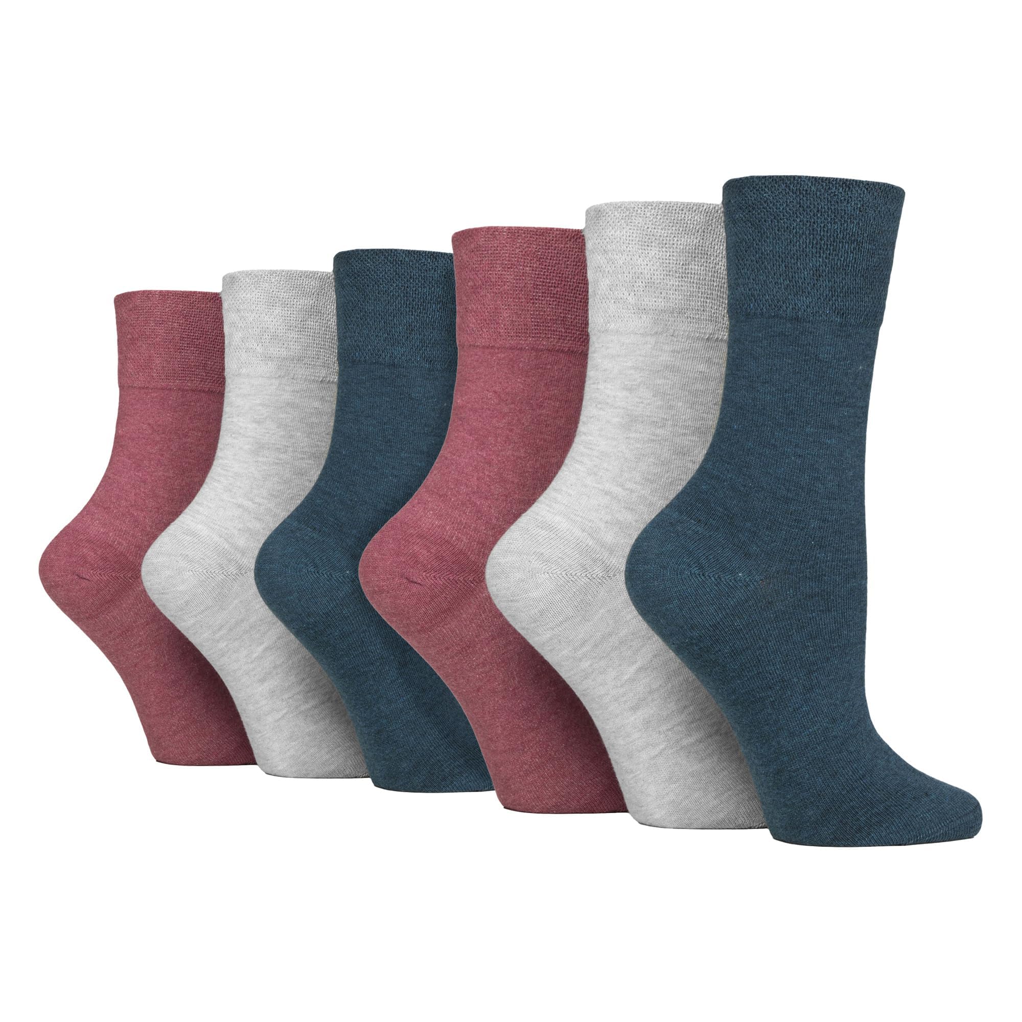 Iomi Women's Coral / Grey / Teal Footnurse - 6 Pair Multipack Non Elastic Diabetic Socks With Gentle Grip Wide Top 4-8 (Uk, Numeric, 4, 8, Regular, Regular, Coral/Grey/Teal)