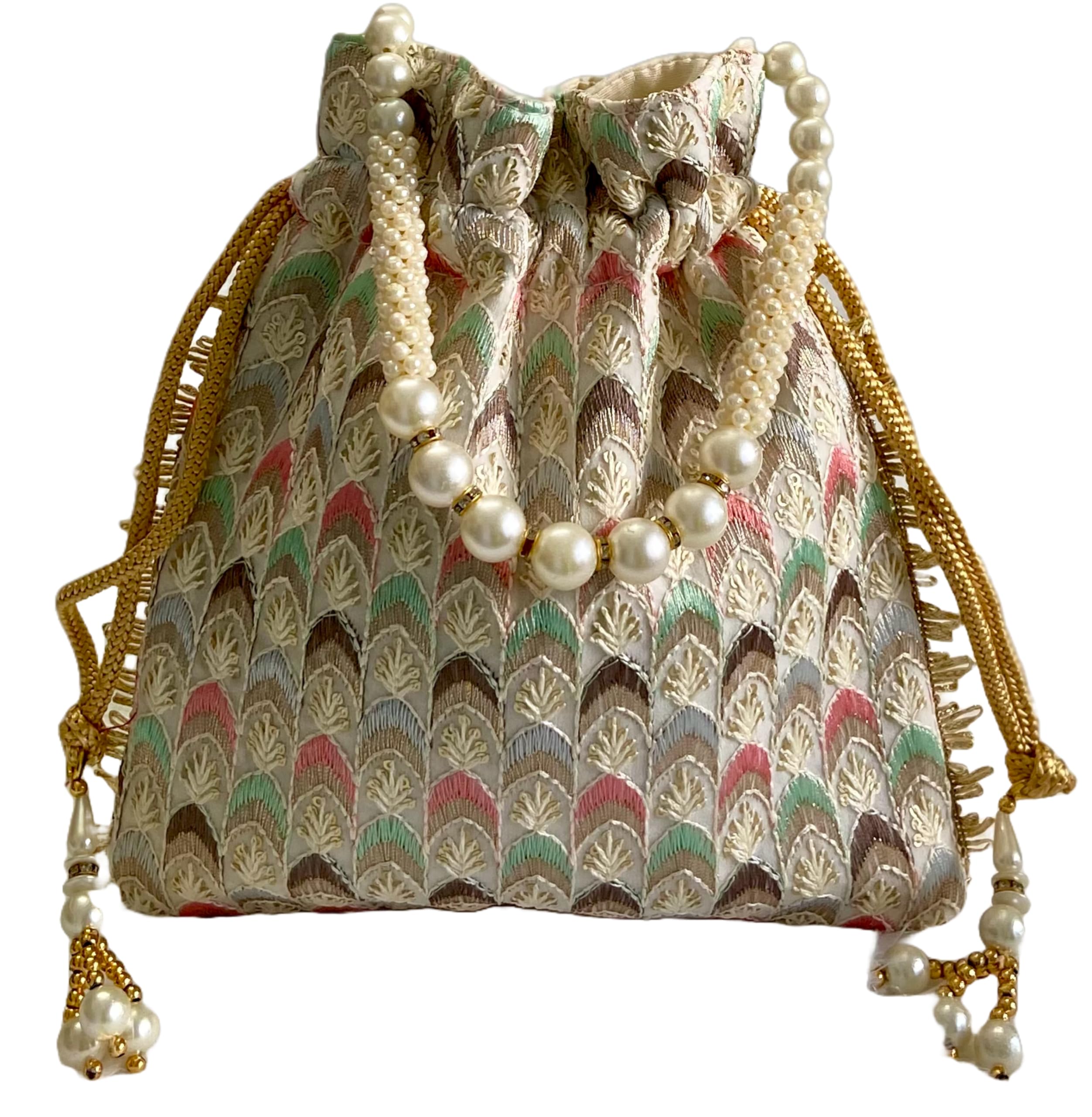 YO VINTAGE Designer Silk Potli Bag with Pearl Beaded Wristlet for Women and Girls with Handmade Embroidery ideal for traditional outfits at parties/weddings| Round Drawstring handbag (Tara Red) (B0D6KR9NYT) Amazon Price History, Amazon Price Tracker