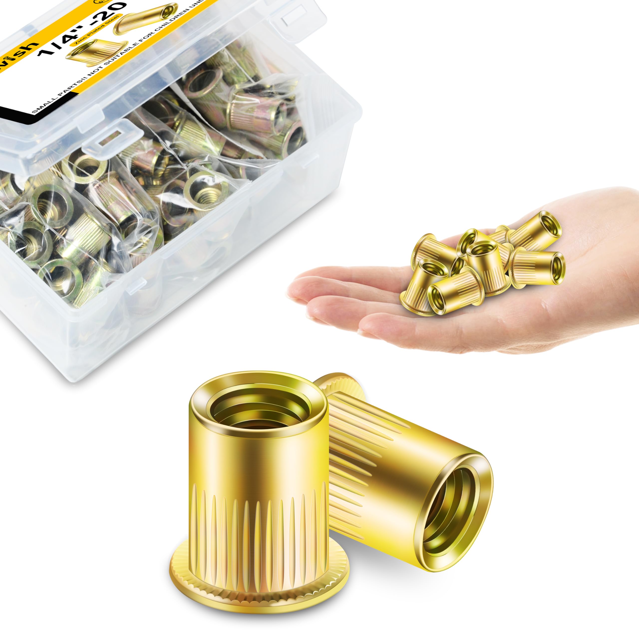 Mywish 100Pcs 5/16 Nut Rivet Nuts, Yellow-Zinc Carbon Steel Flat Head RIV Nuts Rivets Nutsert, 5/16-18 Nut Threaded Inserts Rivnuts, Rivnuts Threaded