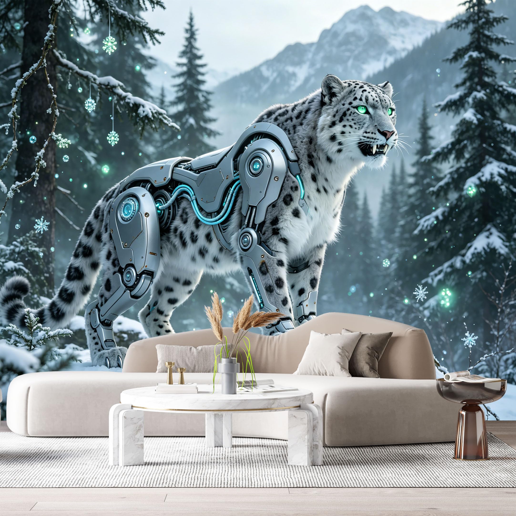 Custom Size Wall Mural Cyber Snow Leopard Mech Animal Futuristic Wildlife SciFi Mechanical Beast Metal Armor Style 3D Textured SelfAdhesive Removable Wallpaper Esports Game Room Studio