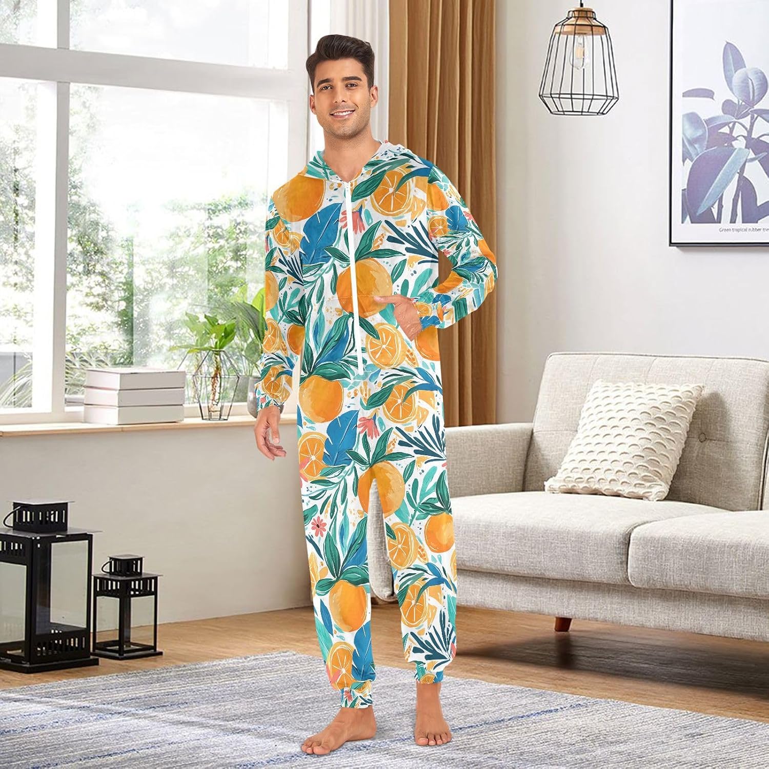 ALAZA Orange Leaves Lemon Adult Onesie Pajamas Novelty One Piece Costume Sleepwear Jumpsuits Matching PJS