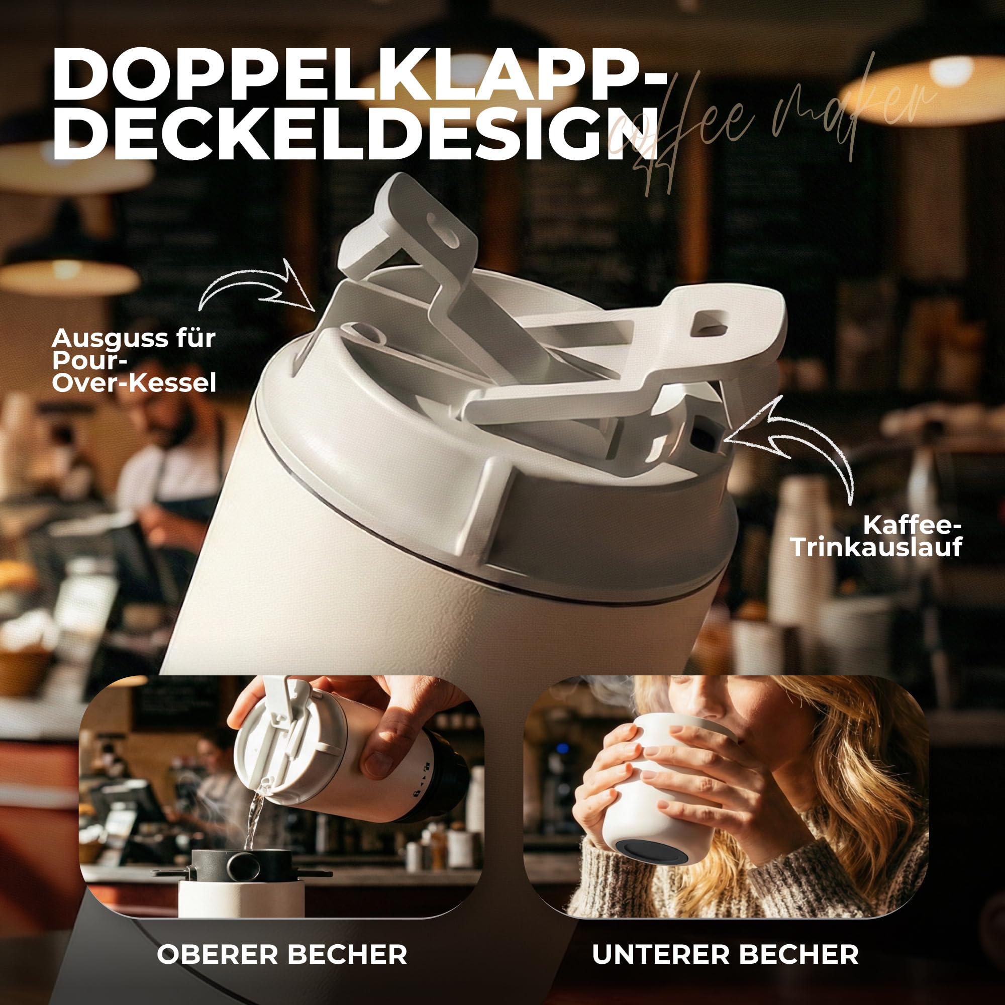 HAUSHOF Tragbares Kegelmahlwerk, Kabellose Elektrische Kaffeemühle | mit Integrierter Infusion, Doppelt Öffnendem Deckel, Edelstahlfilter und Thermobecher für Reisen und Camping, Weiß