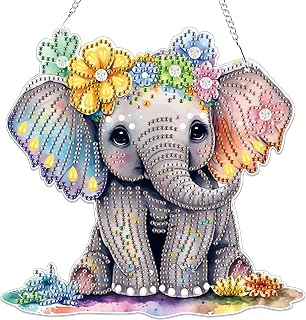 Bowetile Elephant Diamond Art Hanging Kits for Adults Kids, 5D Special Shape Diamond Painting Pendant Kits, Animal Gem Art Suncatchers Painting Ornament for Home Garden Wall Decor