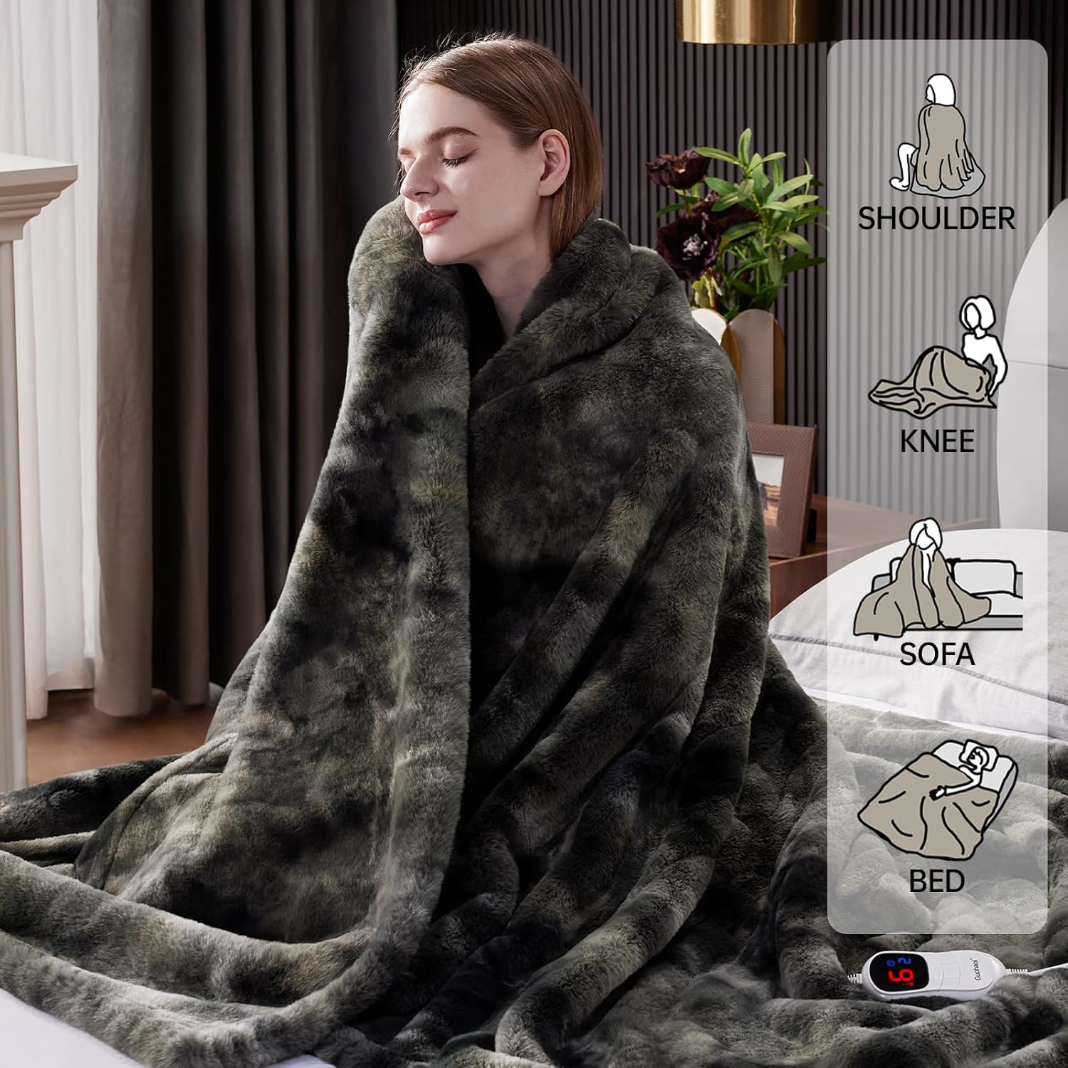 Guohaoi Heated Blanket Electric Throw, Soft Faux Rabbit Fur Electric Blanket with 10 Heating Levels 5 Sitting Timer Auto Off, Cozy Warm Heating Blankets, Machine Washable(50"×60" Dark Grey) - Image 2
