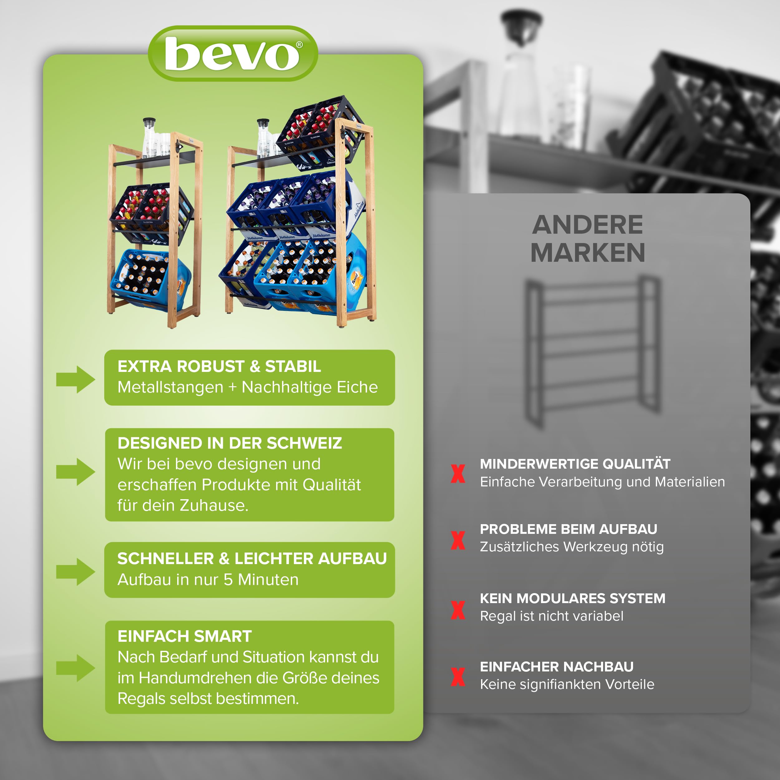 bevo - Getränkekistenregal für 2-6 Kisten aus Eiche Holz inkl. Metall-Ablage - Getränkeregal & Kistenregal mit 2 Stangenlängen (individuell verstellbar) - Getränkekisten Regal für Getränke & Kästen