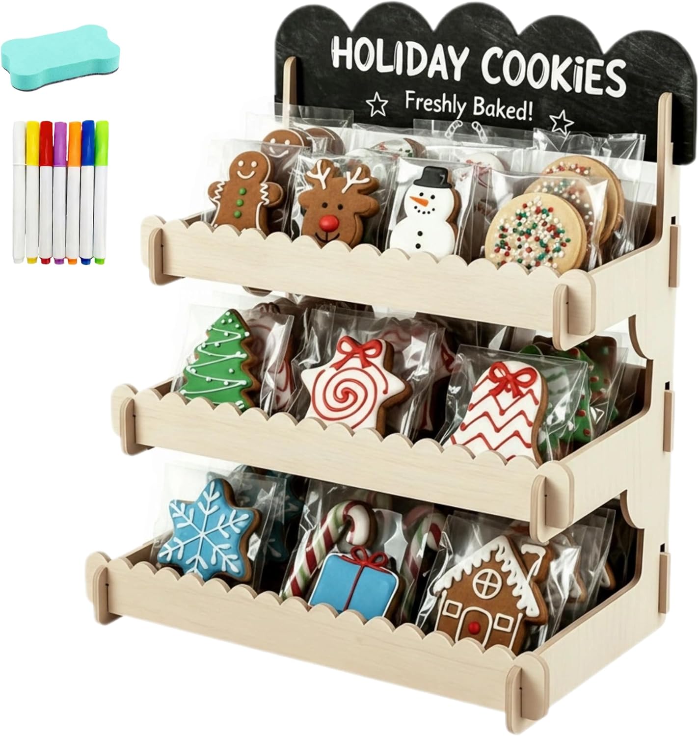 Cookie Display Stand for Vendors - Snack Organizer Countertop with Chalkboard Promotions, Tool-Free Easy Assembly, Natural Finish, Perfect for Bakeries, Markets, Events & Small Shops
