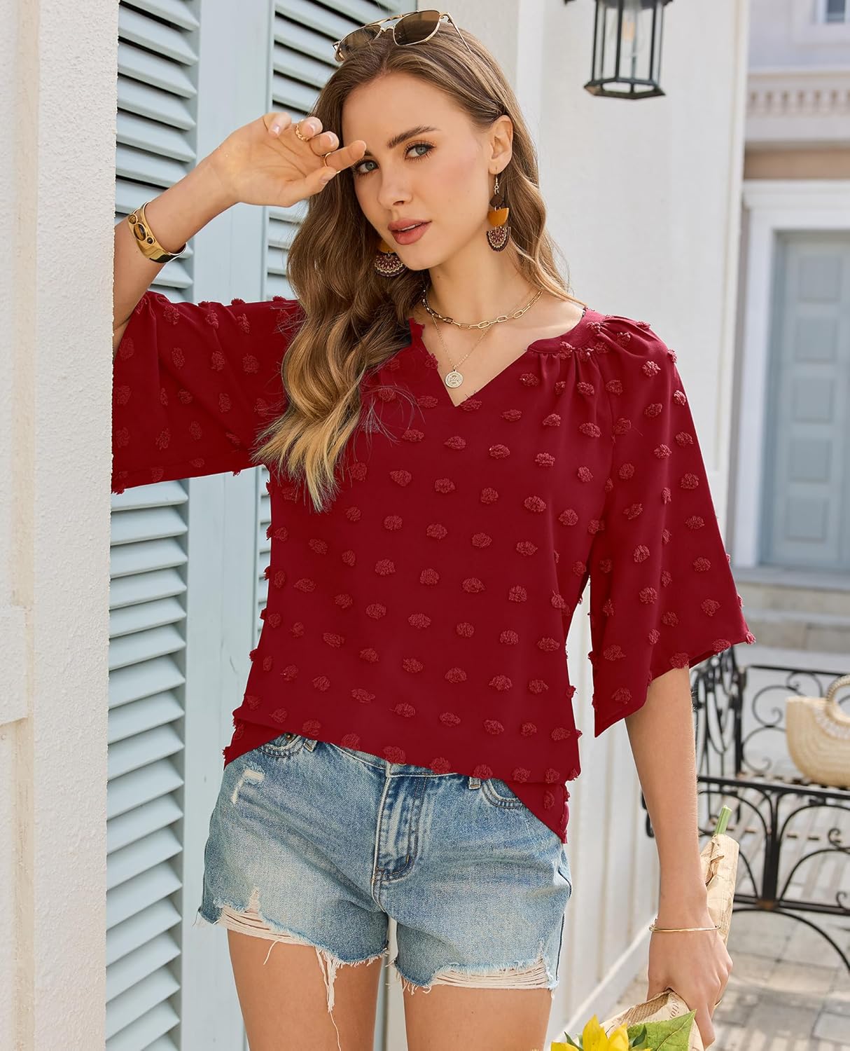 siliteelon Womens Blouses Dressy Casual V Neck Ruffle Sleeve Flowy Chiffon Tops Swiss Dot Cute Summer Business Shirts - Image 2