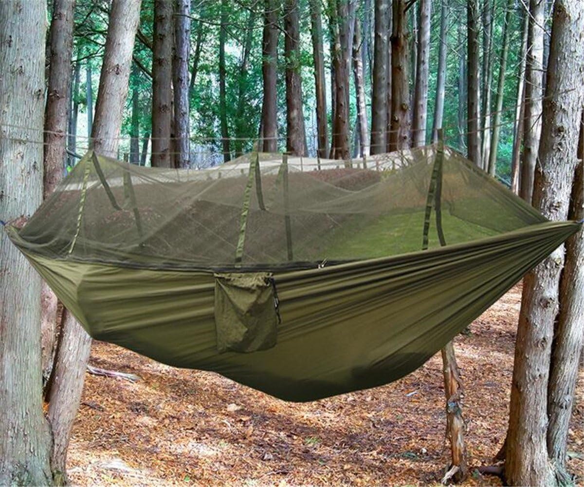 EIALA Camping Hammock, Mosquito Net Outdoor Hammock Travel Bed Lightweight Parachute Fabric Double Hammock for Indoor, Camping, Hiking, Backpacking, Backyard (Army Green)