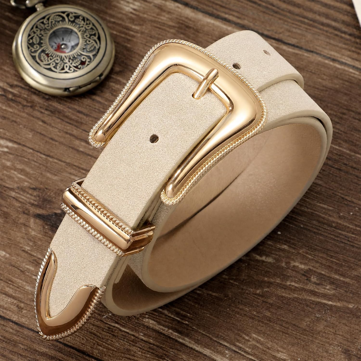 XZQTIVE Women’s Western Suede Leather Belt – Cowgirl Belt with Retro Gold Buckle for Jeans & Dresses image 3