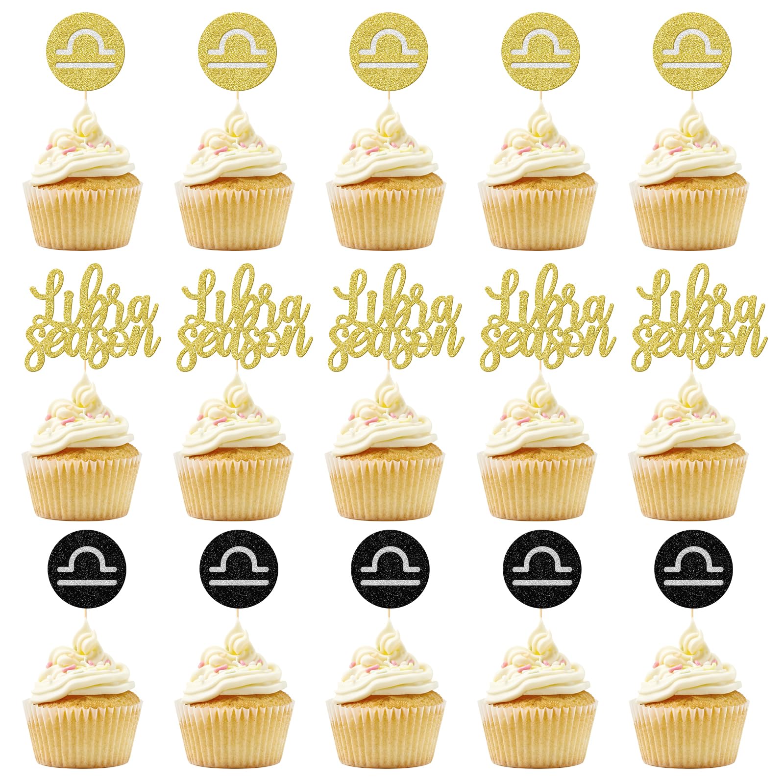 GXSOVSO Libra Season Cupcake Toppers, Libra Birthday Decorations, Zodiac September October Birthday Party Decor Supplies, Double Sided Gold and Black Glitter, Set of 24