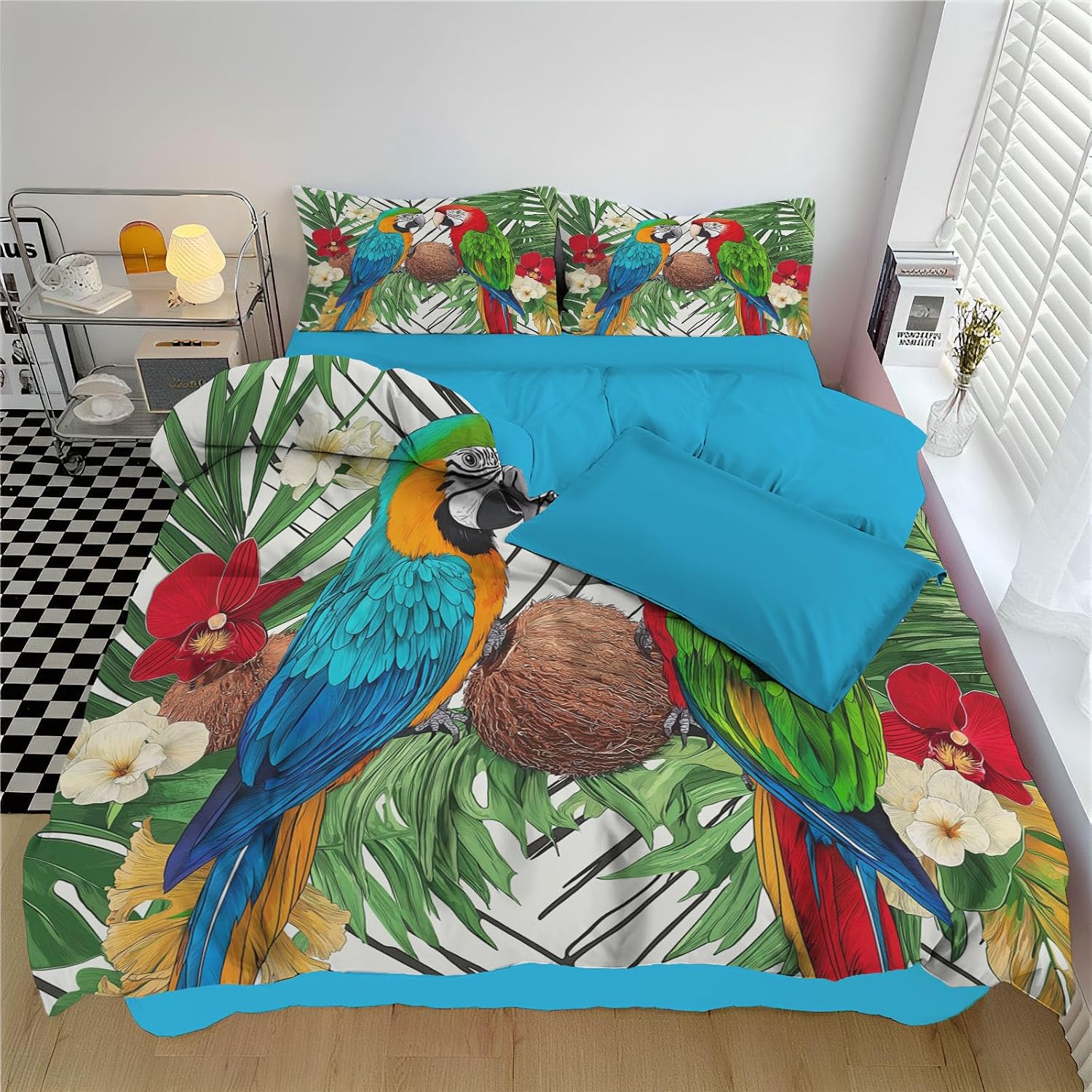 Parrot Print Duvet Cover Animals Tropical Rainforest Plants Texture Bedding Size,Reversible Solid Color Classic Color Printed Plaid Duvet Cover,Includes 1 Duvet Cover