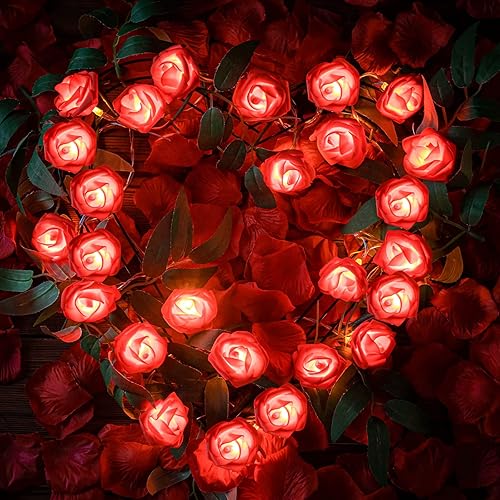 Miniatura 5 de Guirnalda de luces de rosas con 20 luces LED románticas de rosas rojas rosas y blancas 10 pies guirnalda de flores artificiales para el día de San