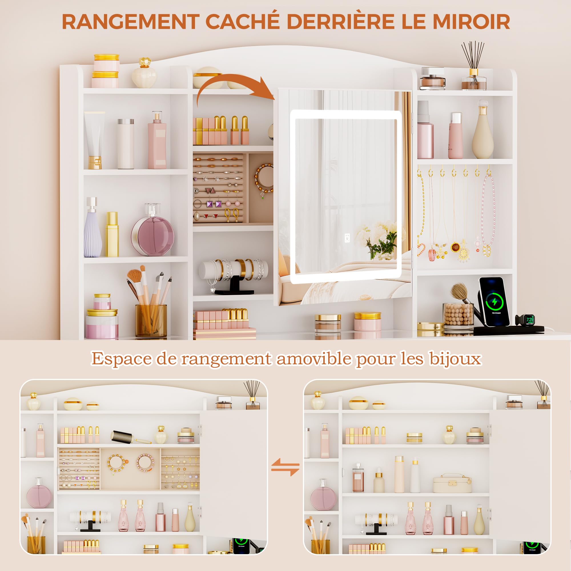 ANWBROAD Grande Coiffeuse avec Miroir et Éclairage LED Coiffeuse avec Plateau en Verre,Tabouret,Prise et Rangement Bijoux Table de Maquillage avec 9 Tiroirs 7 Étagères 7 Crochets Moderne Blanc BDT21W