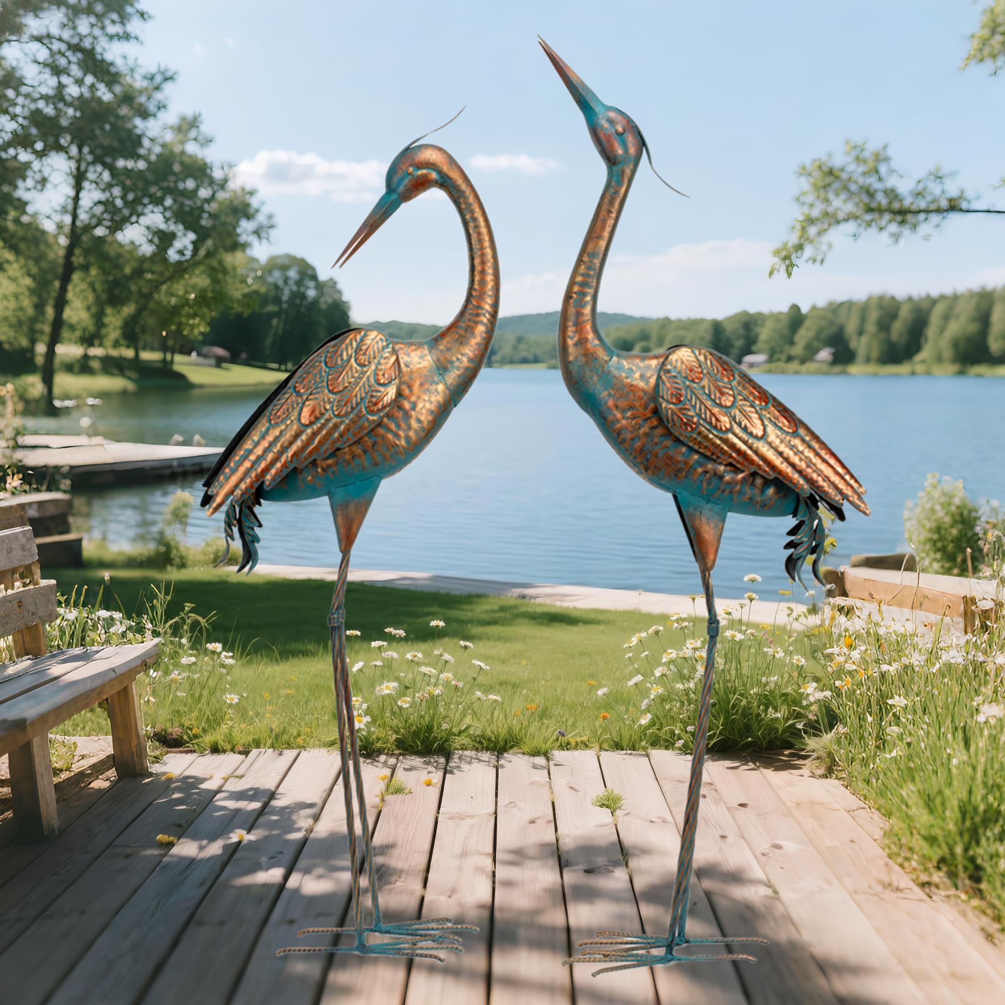 chisheen Garden Crane Statues Blue Heron Metal Yard Art Outdoor Decoration,Large Sculptures for Lawn Patio Porch,39-44 inch,Set of 2