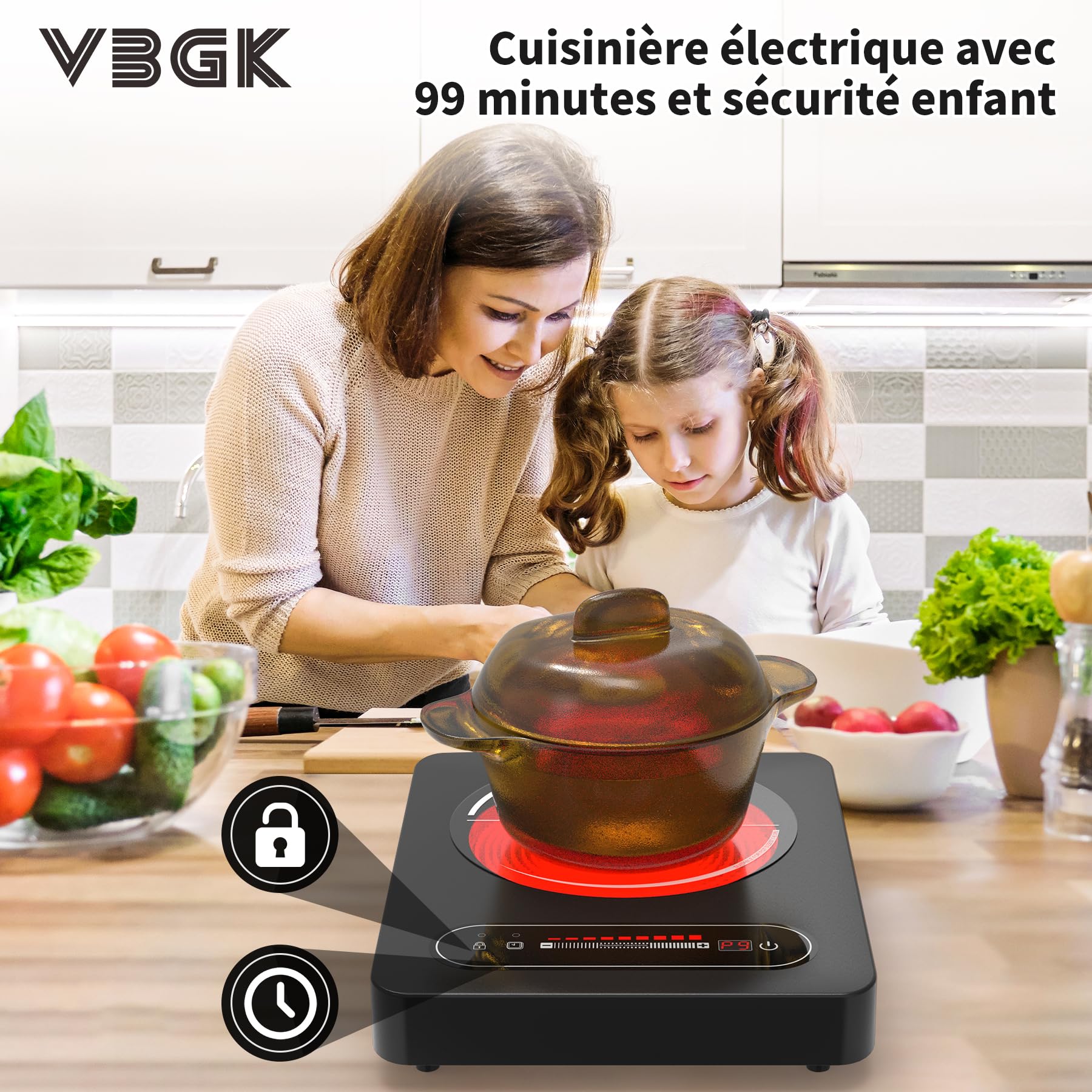 VBGK Plaque Vitrocéramique 1 Feu, 220V 2000W Plaques de Cuisson, Plaques Électrique avec Commande Tactile Led, 9 Niveaux de Puissance, Minuterie, Verrouillage de SéCurité, Geeignet für Alle Töpfe