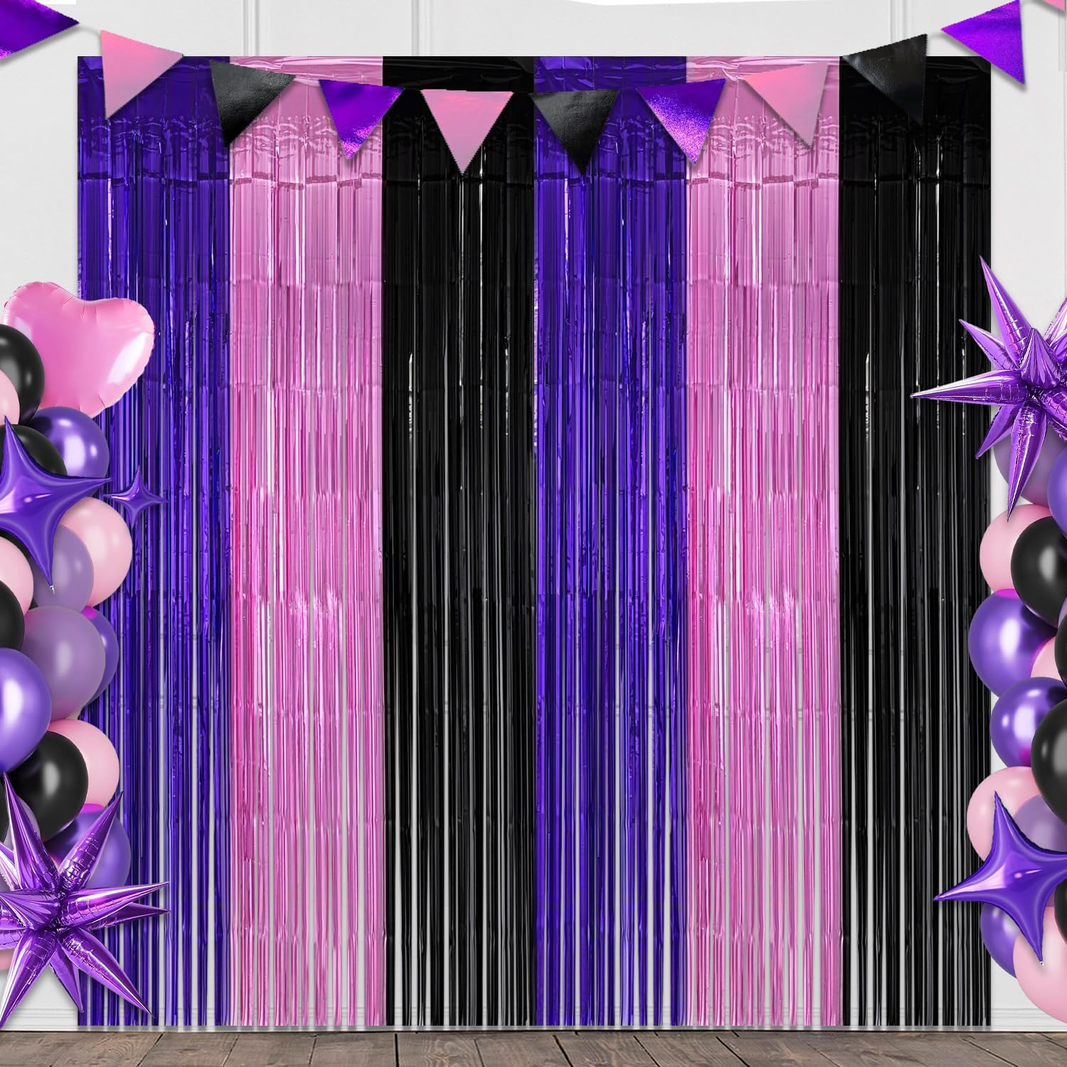 Pink Purple Black Foil Fringe Curtains Birthday Decorations, 2 Pack 3.2x6.6ft Kawaii Tinsel Backdrop Photo Booth Props Cute Anime Birthday Party Decorations Supplies Favors