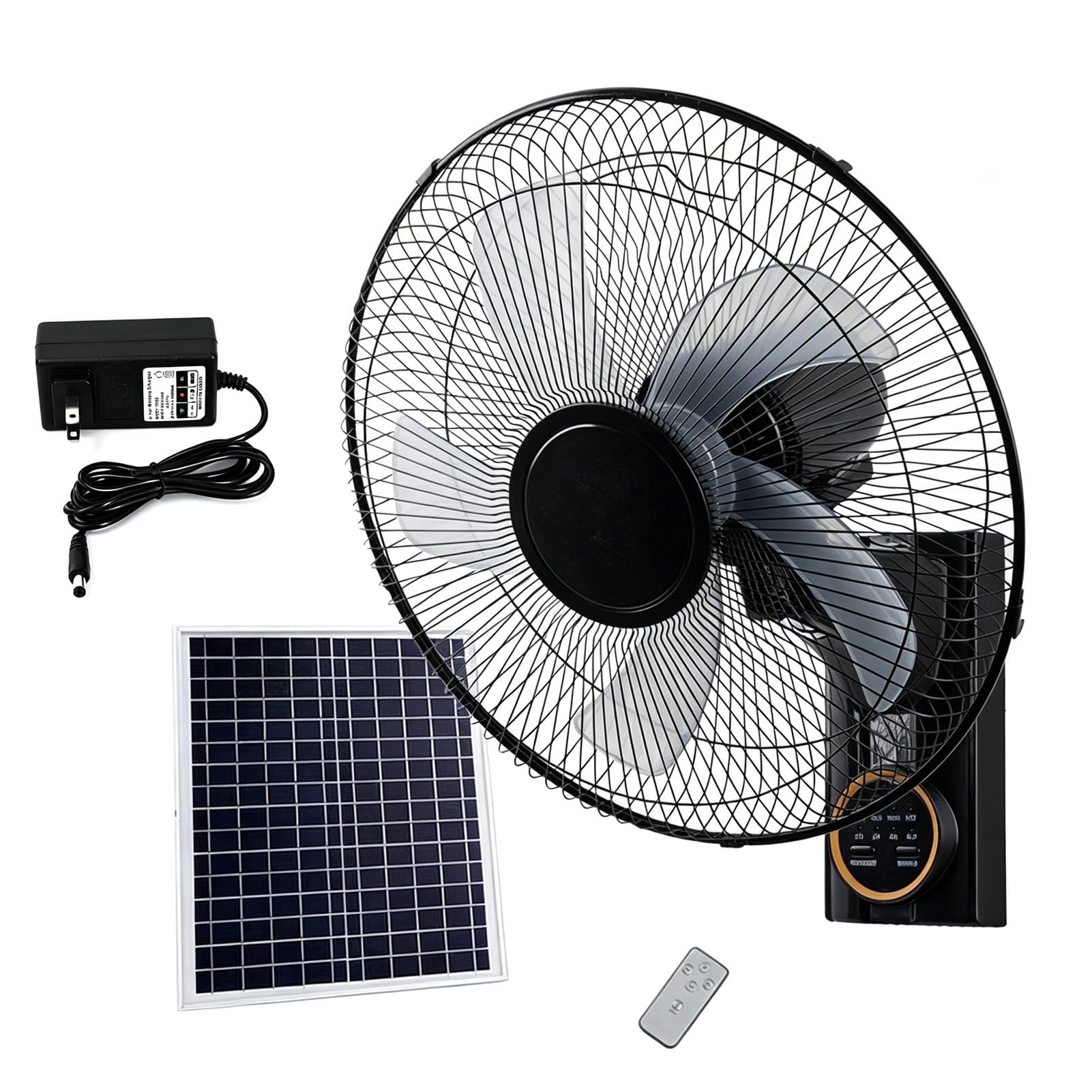 Ventilatore da Parete Energia Solare con 5 Pale Rotanti 40cm per Esterno | Motore Potente E Silenzioso, 3 Velocità, Inclinazione 28° e Oscillazione 90°, Telecomando e Timer, Garage Serra