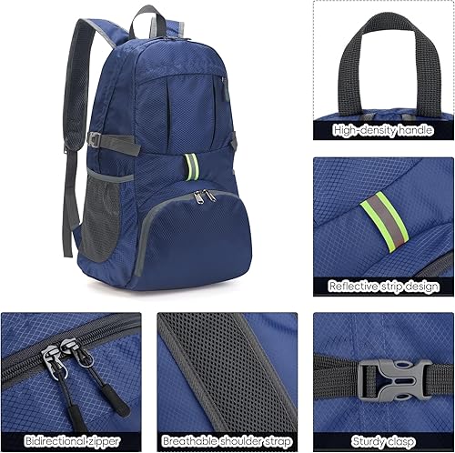 Miniatura 8 de Yaopeing Mochila ligera, plegable de 25 litros, resistente al agua, bolsa de hombro de viaje al aire libre para mujeres y hombres, azul