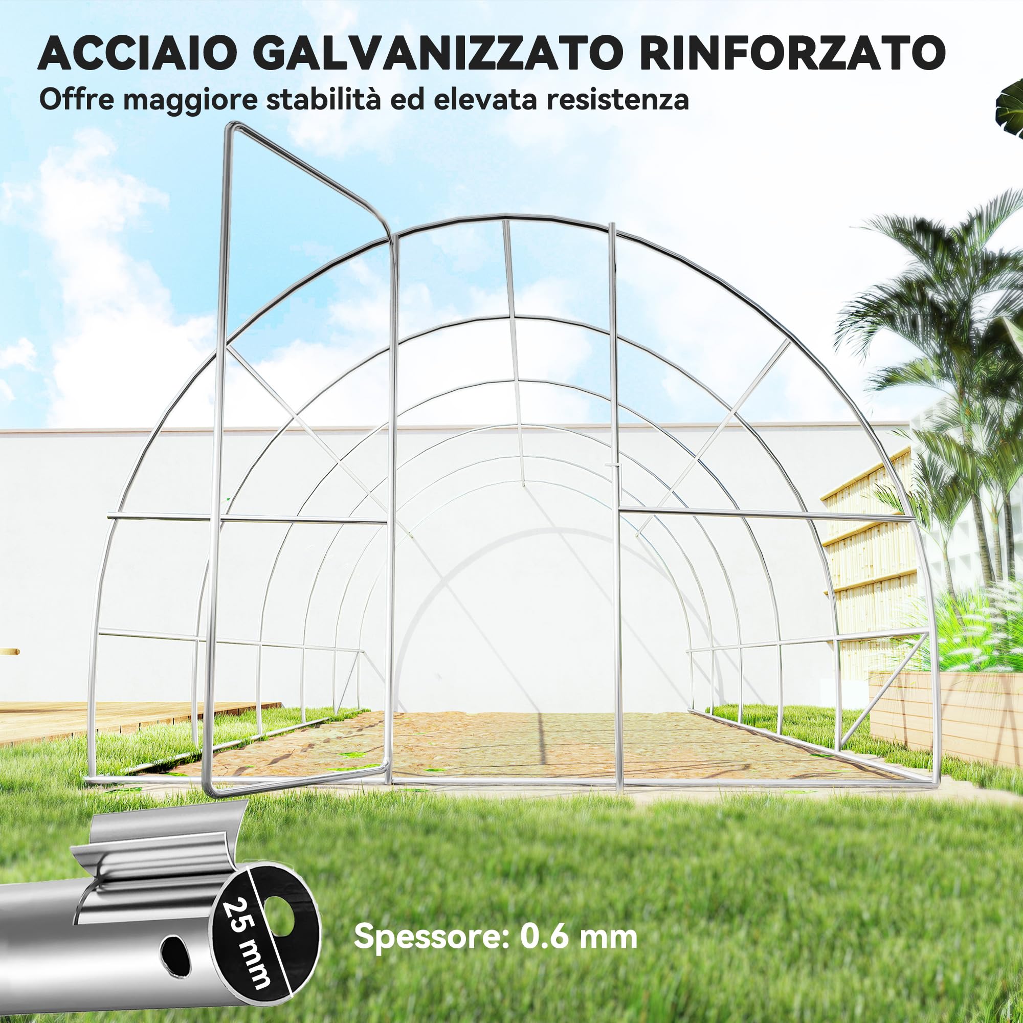Outsunny Serra per Orto a Tunnel con Porta e 8 Finestre, Serra da Giardino in PE e Metallo Zincato, per Coltivazaione Piante, 600x300x200cm