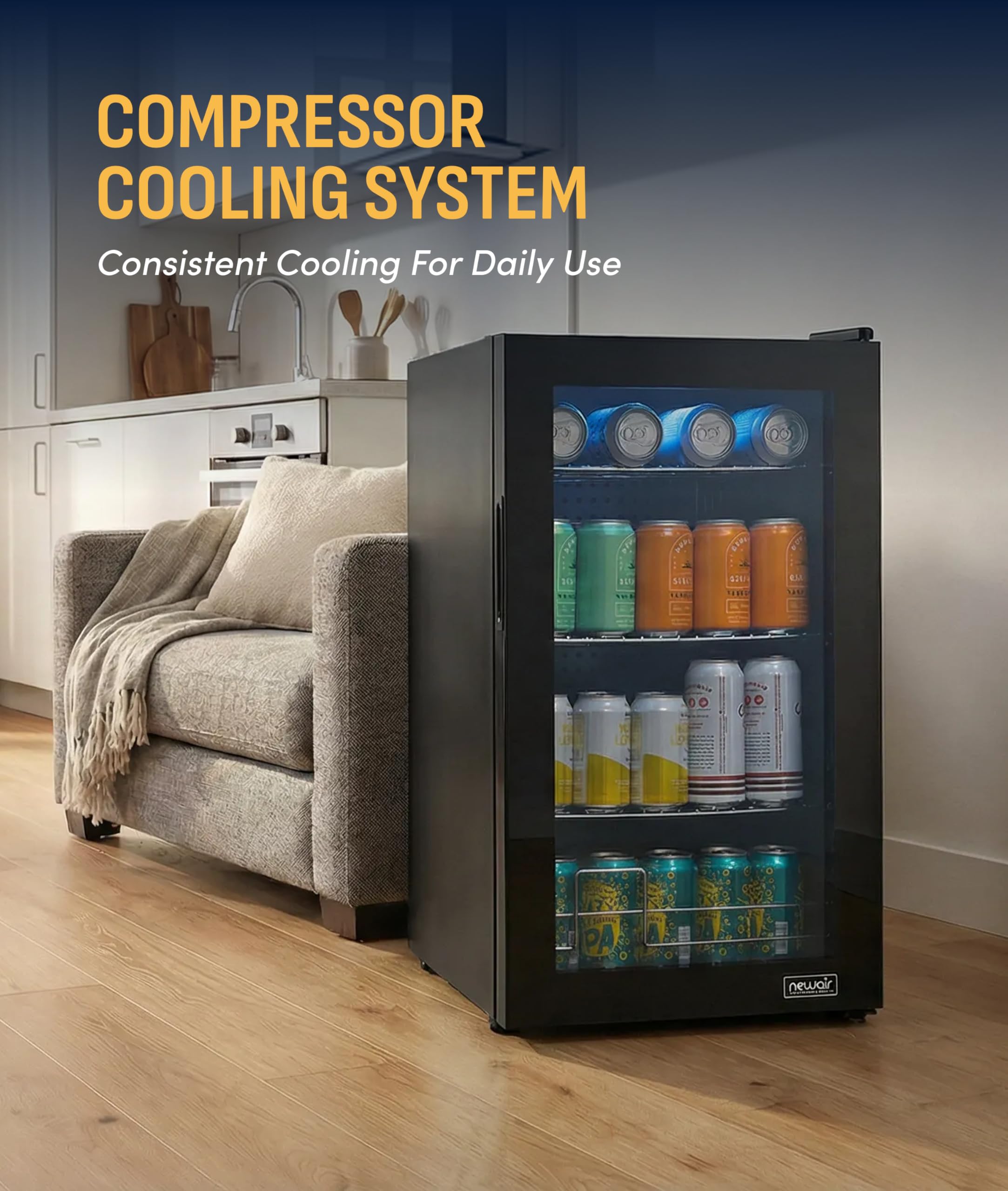 NewAir Beverage Refrigerator 100 Cans Cooler, Free Standing Black Fridge With Reversible Glass Door, Mini Fridge Beverage Organizer For Beer, Wine, Soda, And Drinks on Fridge.com - View 6