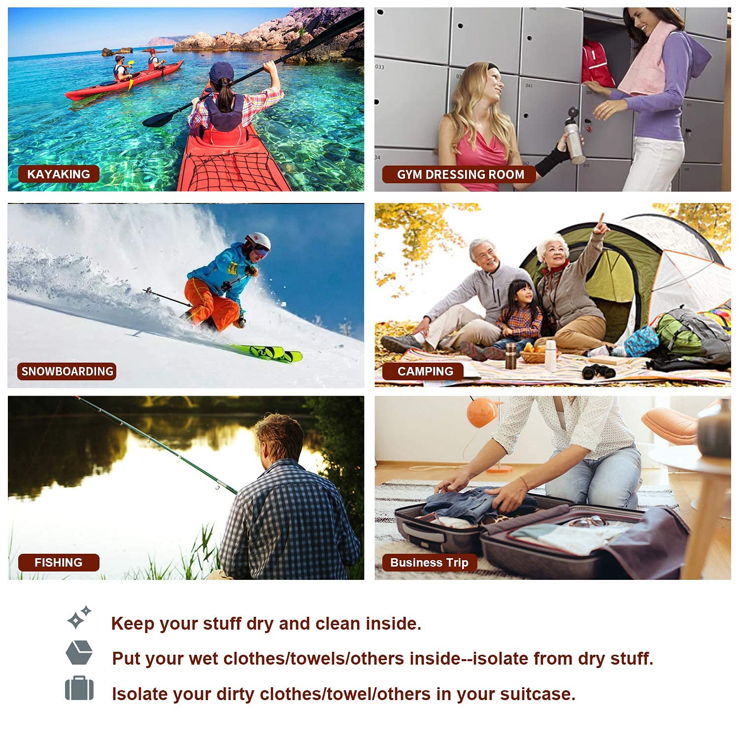 Trockentaschen-Set, wasserdicht, leicht, für Paddelboard, Kajakfahren, Angeln, Camping, Wandern, Zuhause, 6er-Pack, Violett, 2L + 5L + 10L + 20L+ 40L+ 70L, Trockentasche