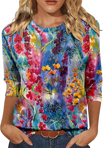 KISSMODA Tunic Tops for Women Loose Fit Dressy Round Neck Pleated 3/4 Length Sleeve Spring Tops