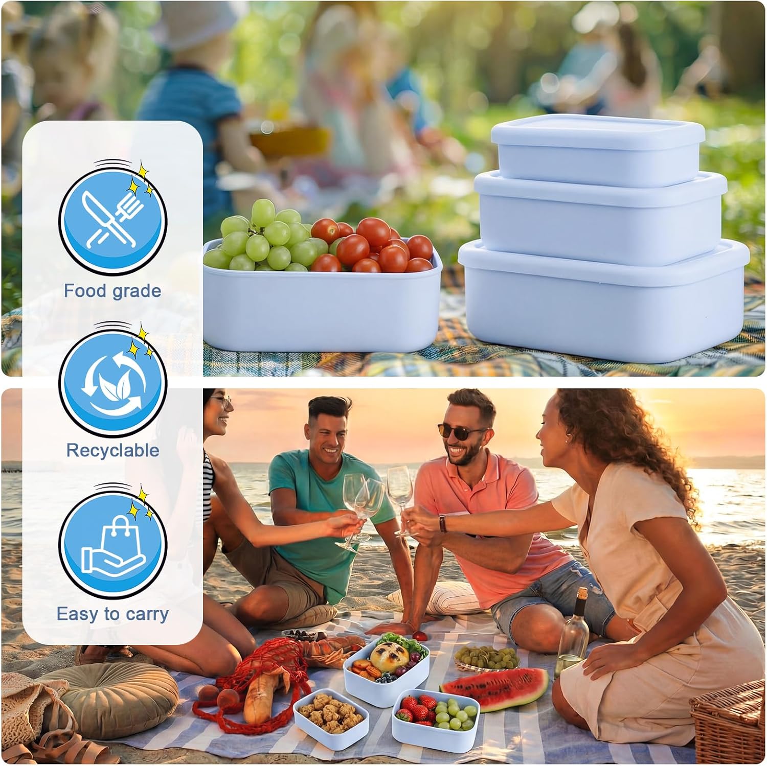 2 Sets of 6 Silicone Food Storage Containers with Lid Silicone Bento Box Rectangular Box Hard Shell Containers Microwave Dishwasher Freezer Safe, 10 oz, 23.6 oz, 44 Ounce(Purple Blue)