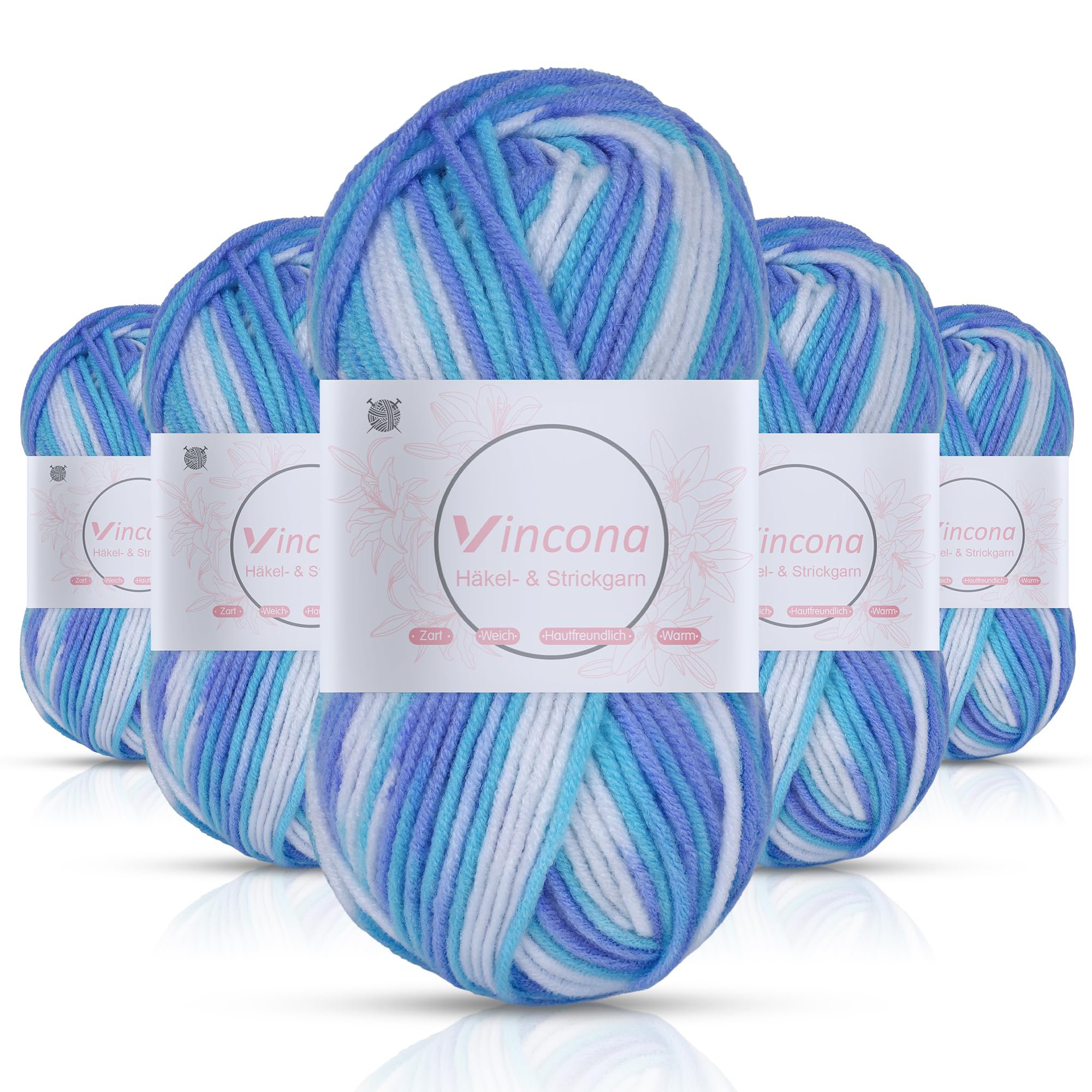 Vincona Häkelgarn，5x50 g Wolle zum Häkeln，Bunt Farbverlauf Acrylgarn zum Häkeln，Wolle zum Häkeln und Stricken, Handstrickgarnsets Geeignet zum Stricken von Puppen, Pullovern, Schals, Mützen