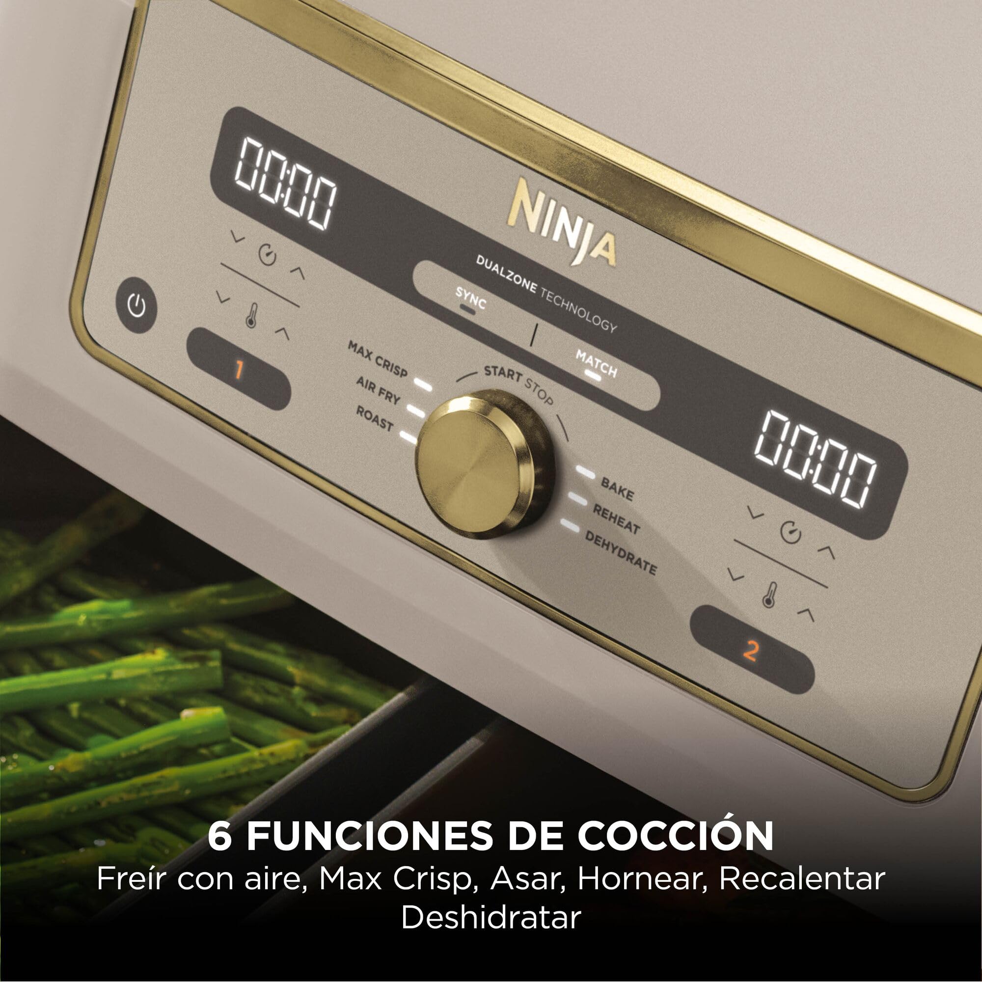 Ninja MAX Freidora de Aire con 2 Cajones Independientes - 6 Funciones Freír con aire, Asar, Hornear, Gratinar, Deshidratar y Recalentar - 9,5 l con Rejillas Antiadherentes - Piedra Dorada, DZ400EUSTGD