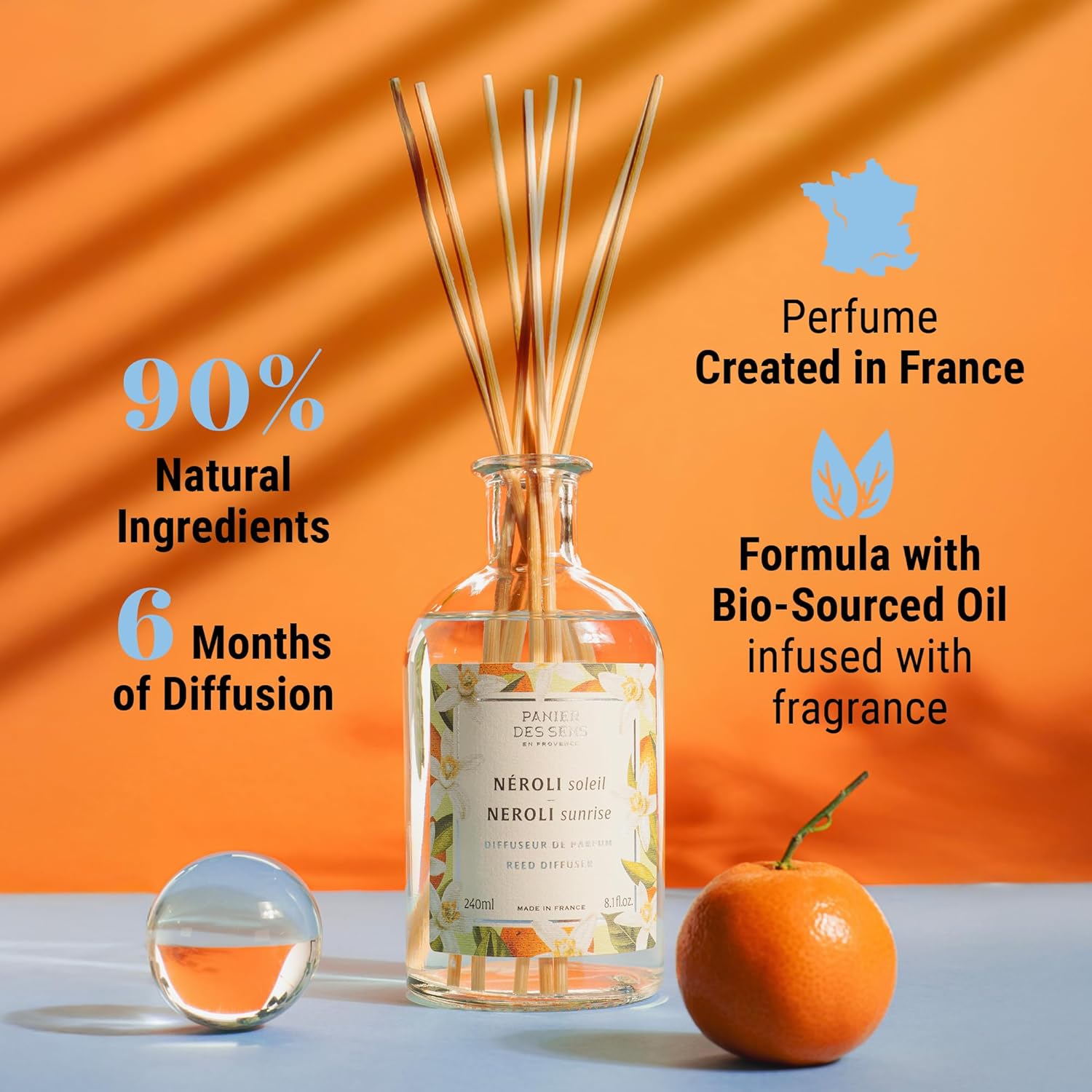 Panier des Sens Neroli Reed Diffuser 8.1 Fl.Oz - Soft & Long Lasting Fragrance 5+ Months - Elegant Home Fragrance in Glass Bottle - Oil-Based Scent Diffuser Made in France - Natural Ingredients