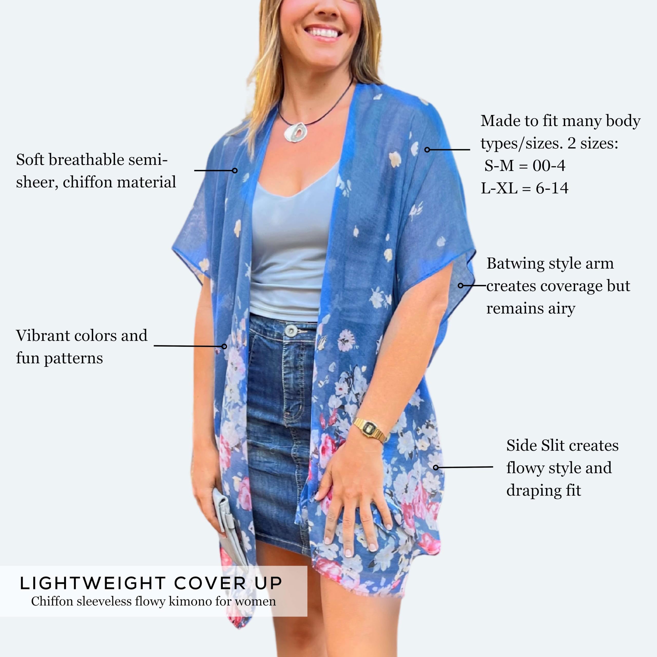 Humble Hilo Cardigan kimono sans manches léger pour femme, décontracté et fluide, Coquelicots rouges, S/M, Taille unique