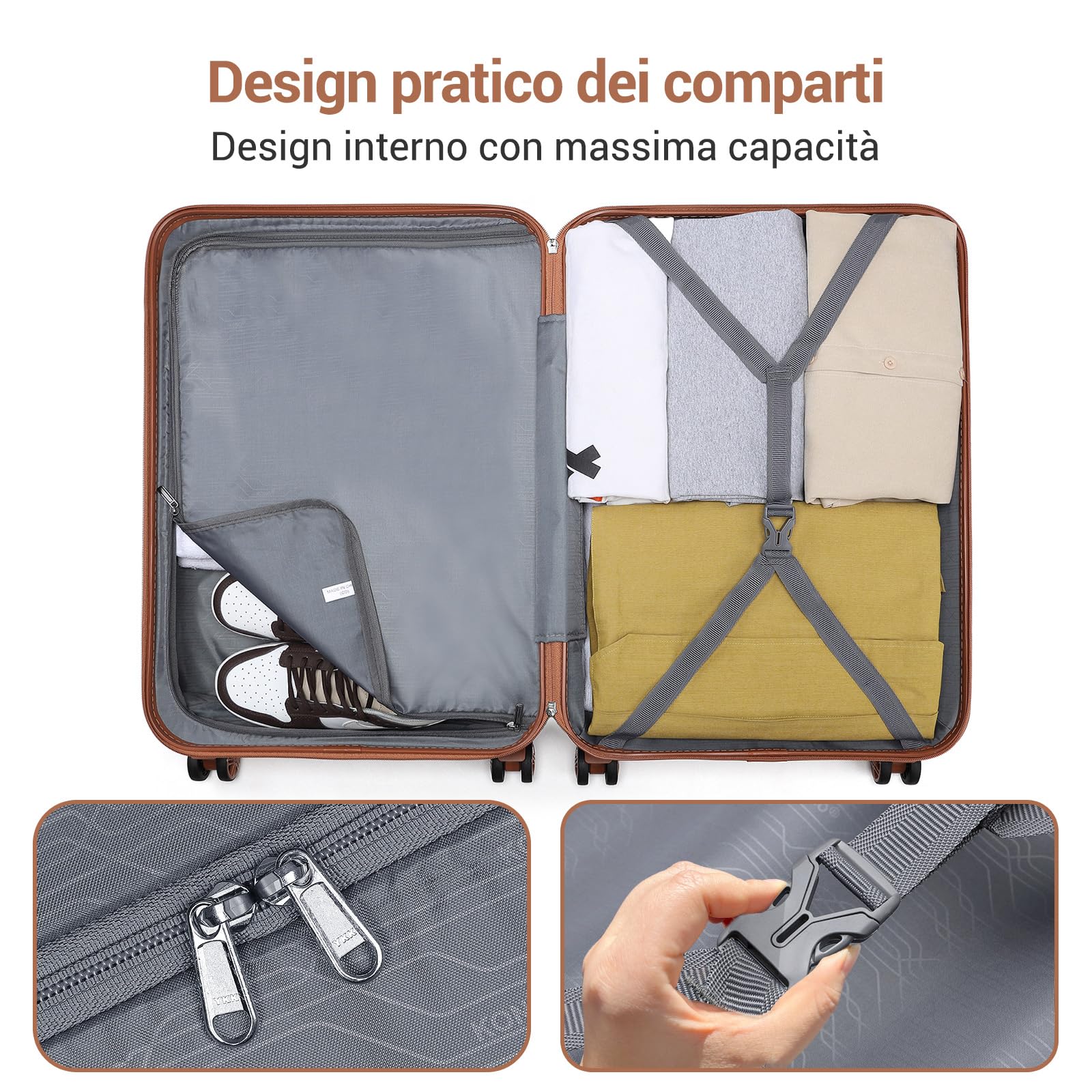 KONO Bagaglio Mano Valigia Materiale ABS Leggero e Resistente con 4 Ruote Rotanti 55 cm, 37L