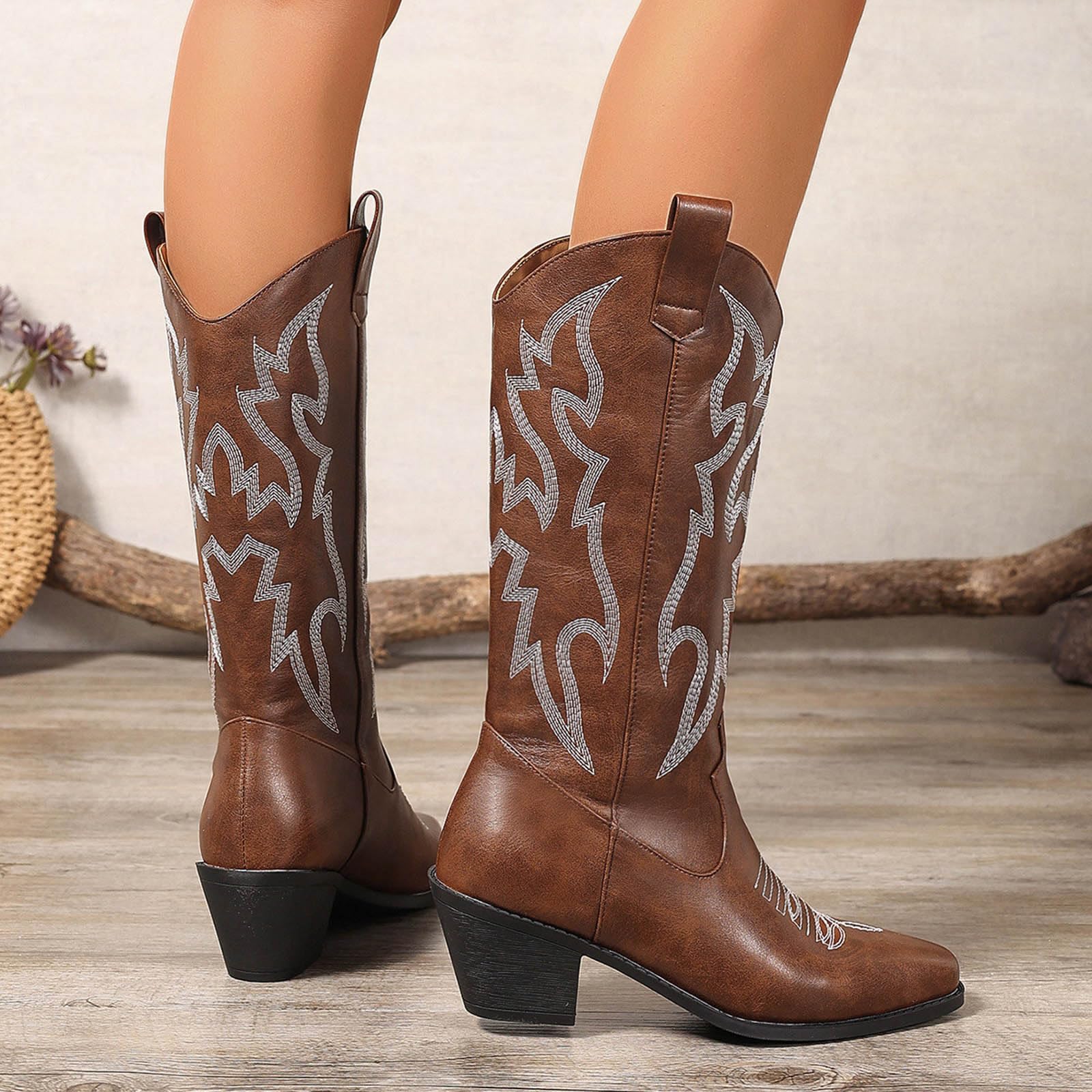 Stivali da cowboy da donna ricamati country western cowgirl stivali tacco grosso in pelle metà largo polpaccio occidentale scarpe da sposa per feste country concerti