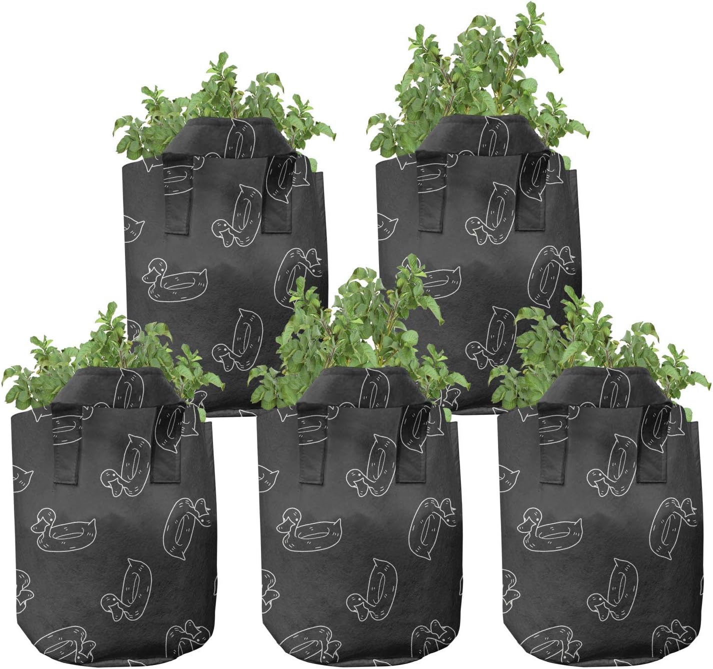 Lunarable Coastal Grow Bags 5-Pack, Swim Ring Doodle Animal, Heavyduty Fabric Pots with Handles for Plants, Charcoal Grey and White