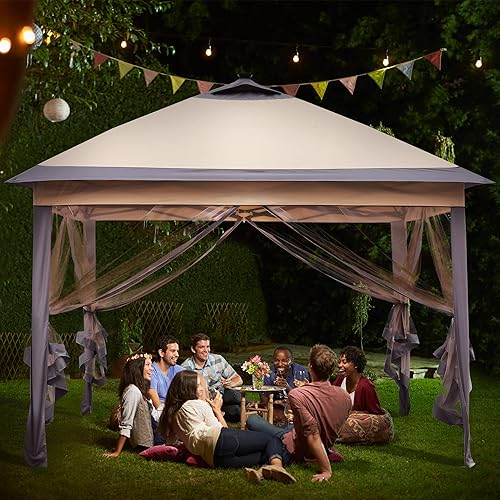 4 Sides Pop Up Canopy Patio Gazebo with Led Lights & Mosquito Netting Double-roofed & Extended Eaves(4 Sides)