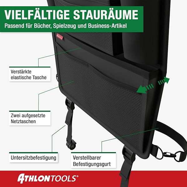 ATHLON TOOLS 2x Autositz-Organizer mit integrierter Tablet-Halter - Verstärkte Rückseite - mit Extra Federtasche - für Business und Kinder - Designed in Hamburg (Schwarz / 2er-Sparset) - 5