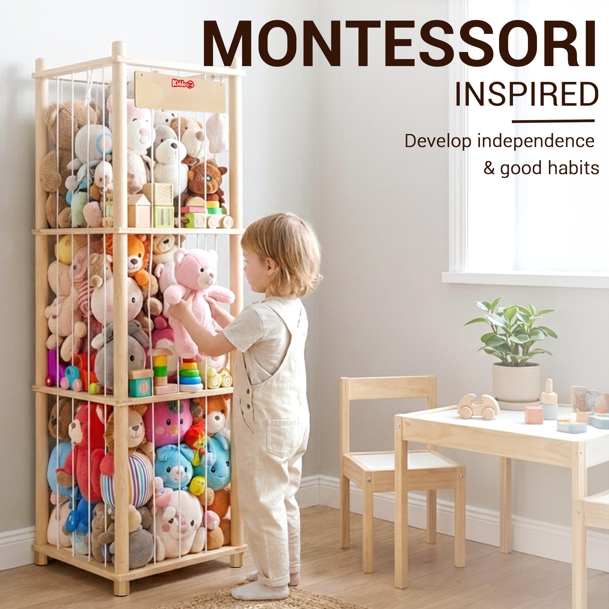 KiddoCood Kids CPC & TIC Certified Stuffed Animal Storage - 3-Tier Natural Solid Wood Plush Toy Organizer & Holder, Corner Solution for Playroom & Nursery, BPA-Free & Zero Glue - 3